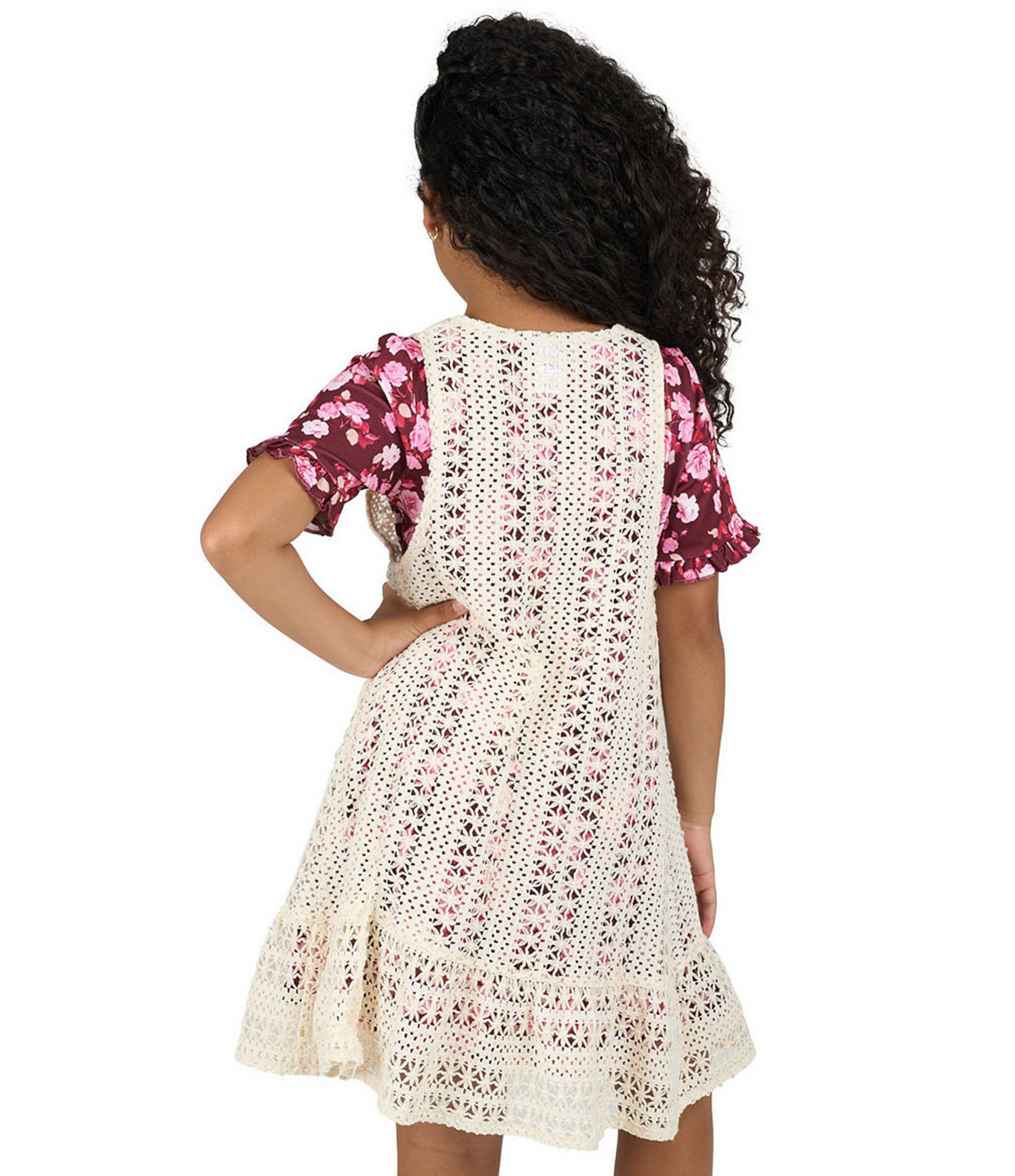 Rare Editions Big Girls Sleeveless Crocheted Cardigan & Short-Sleeve Floral-Printed Fit-And-Flare Dress Set