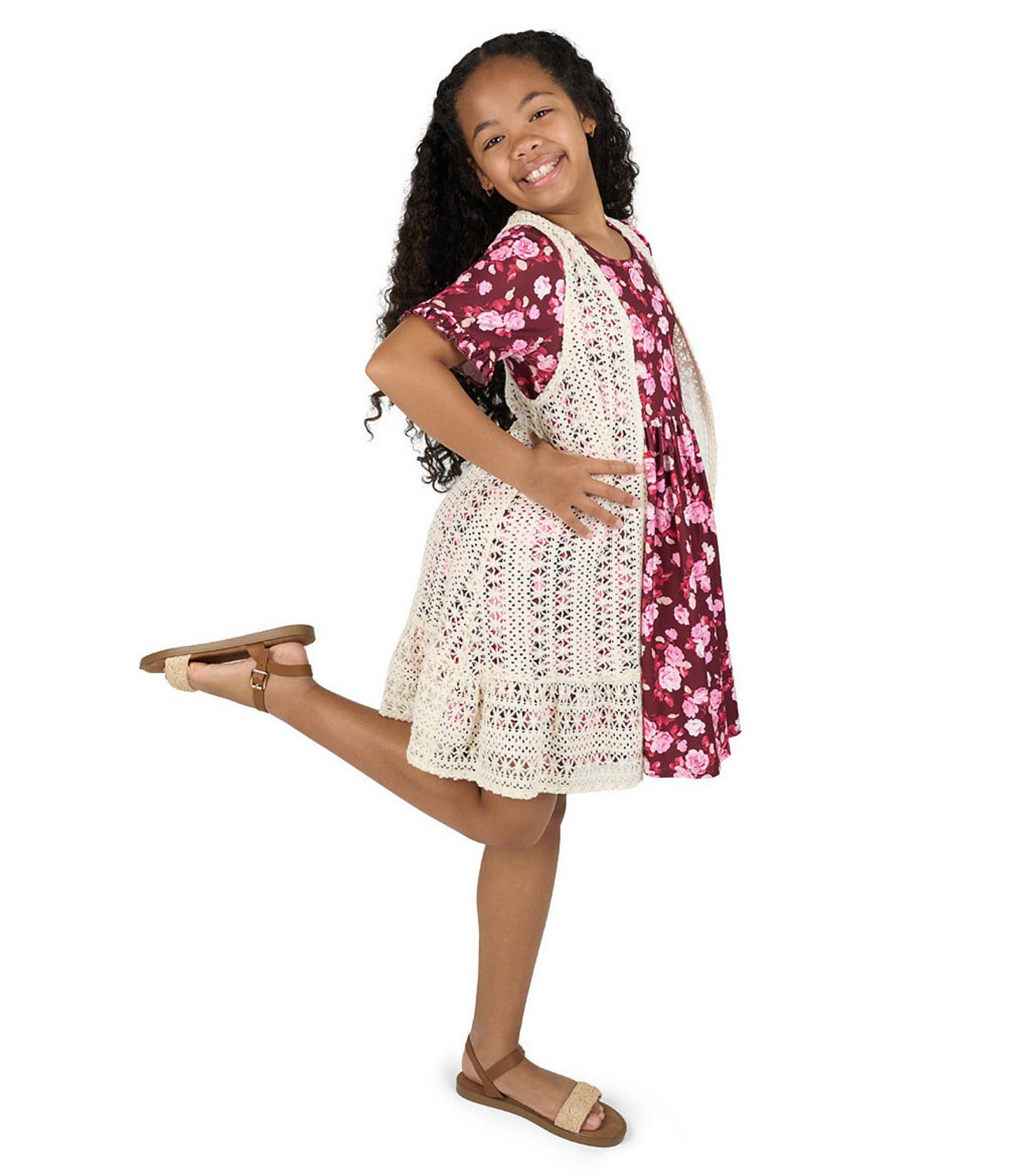 Rare Editions Big Girls Sleeveless Crocheted Cardigan & Short-Sleeve Floral-Printed Fit-And-Flare Dress Set