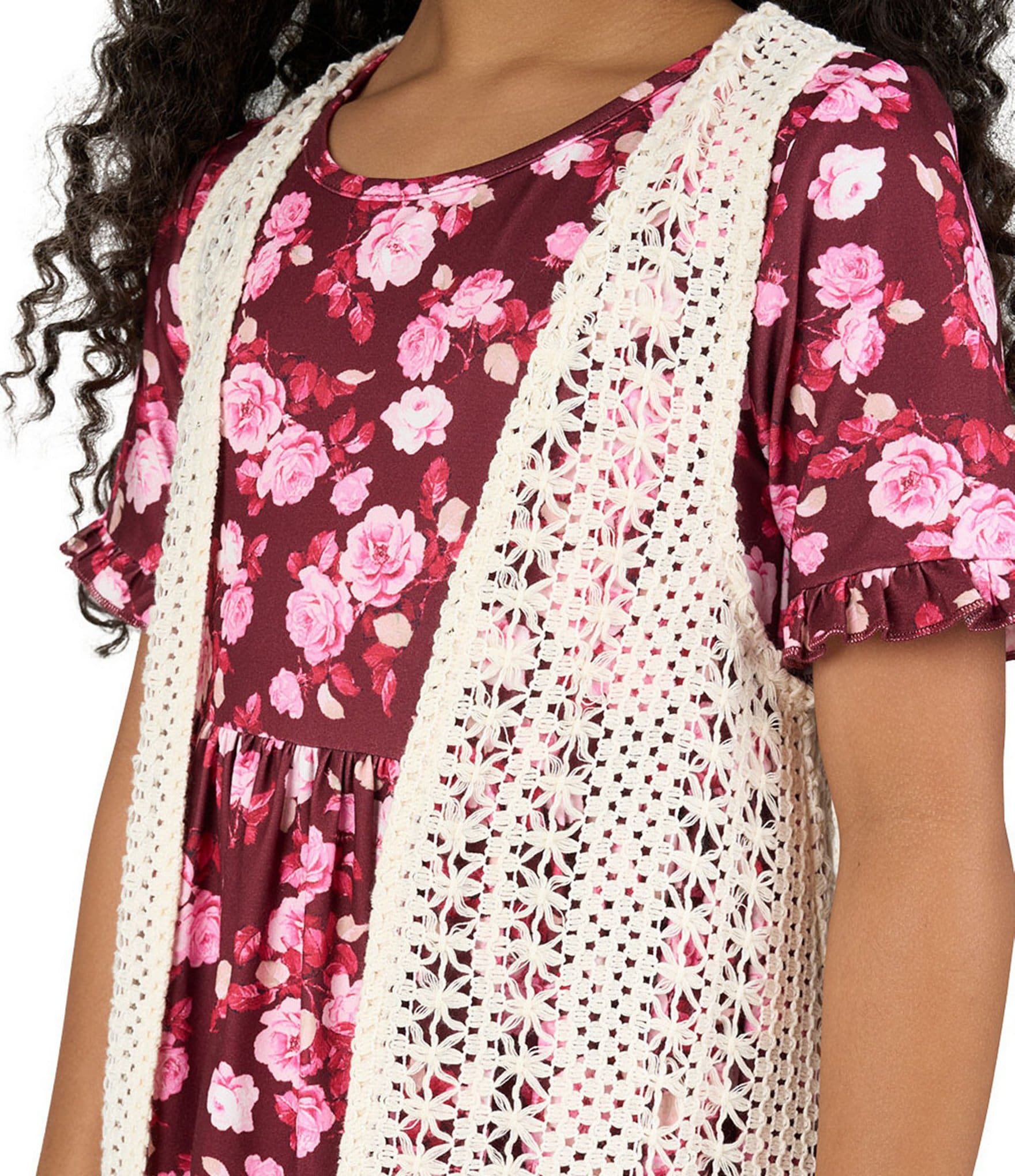 Rare Editions Big Girls Sleeveless Crocheted Cardigan & Short-Sleeve Floral-Printed Fit-And-Flare Dress Set