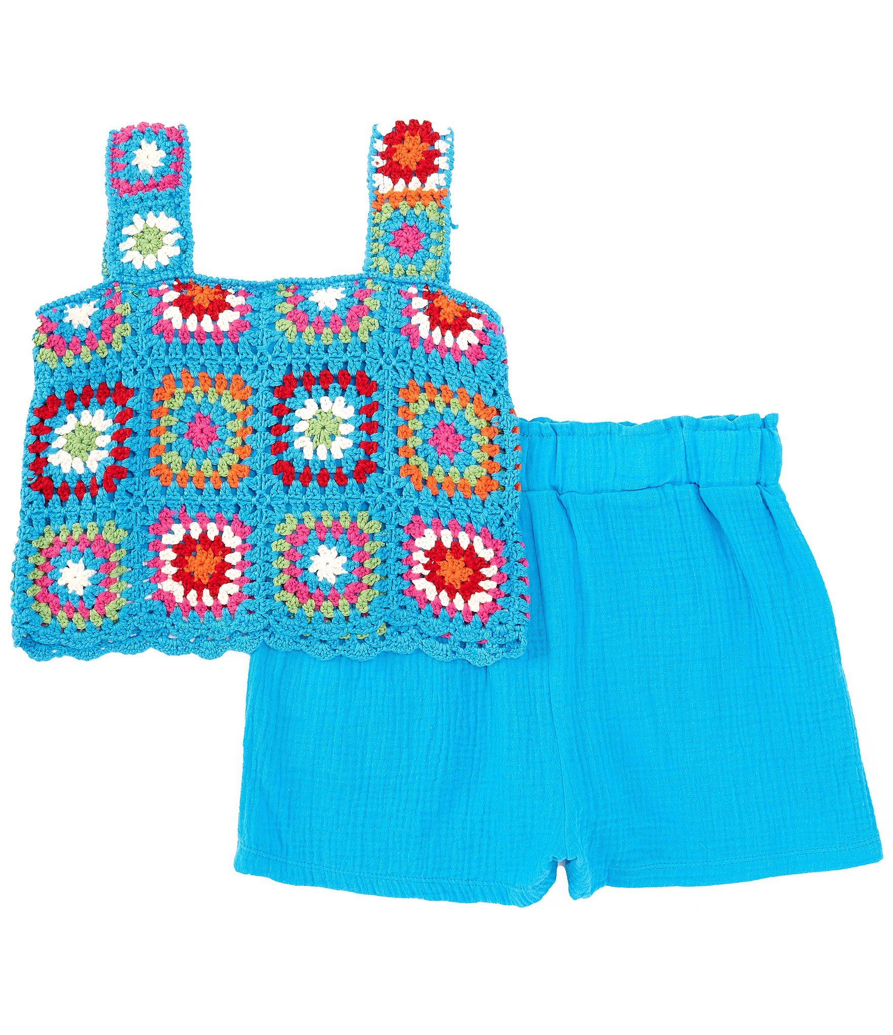 Rare Editions Big Girls 7-16 Sleeveless Crochet Pattern Tank Top & Solid Gauze Shorts Set