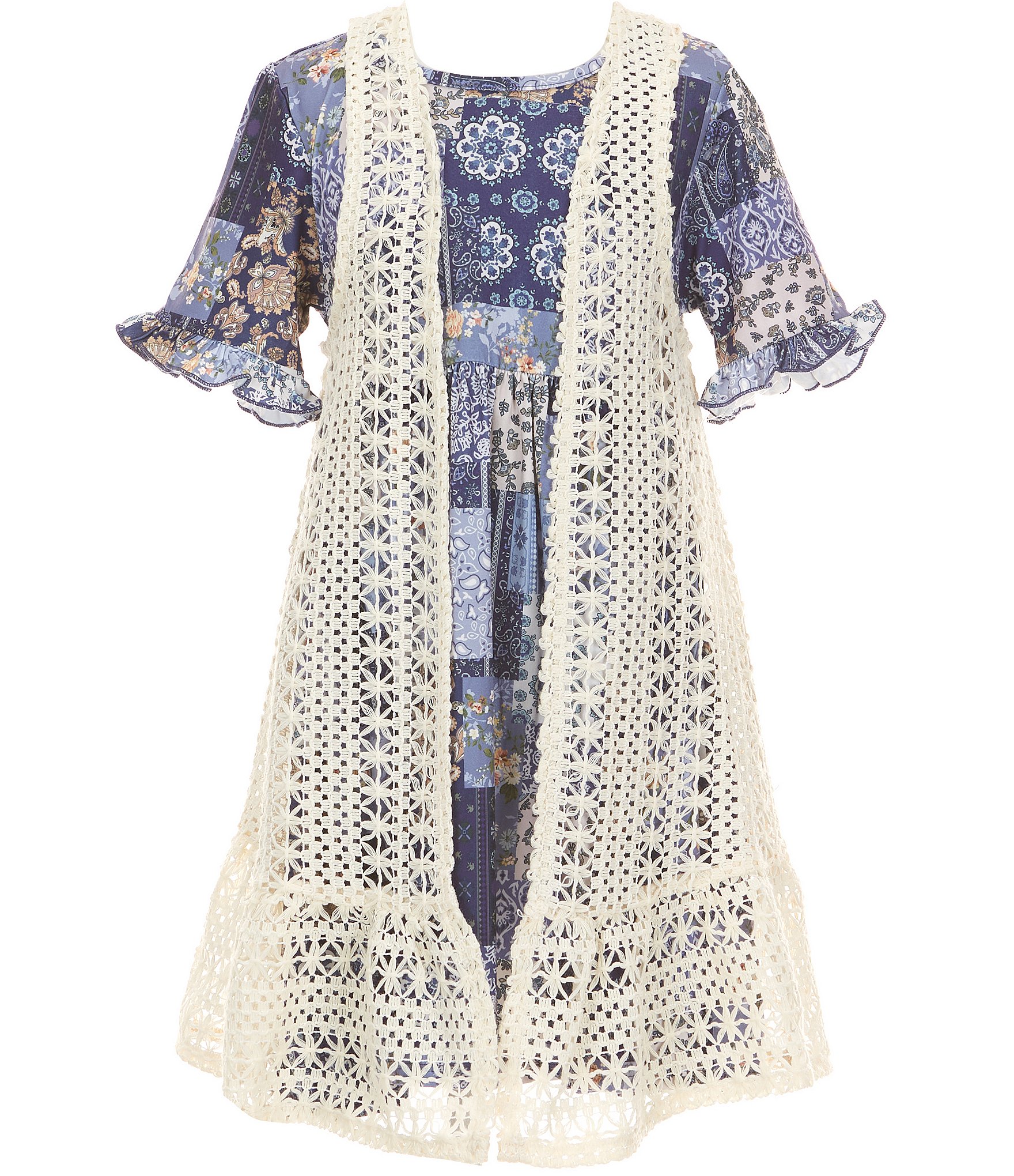 Rare Editions Big Girls Sleeveless Crocheted Vest & Short-Sleeve Printed A-Line Dress Set