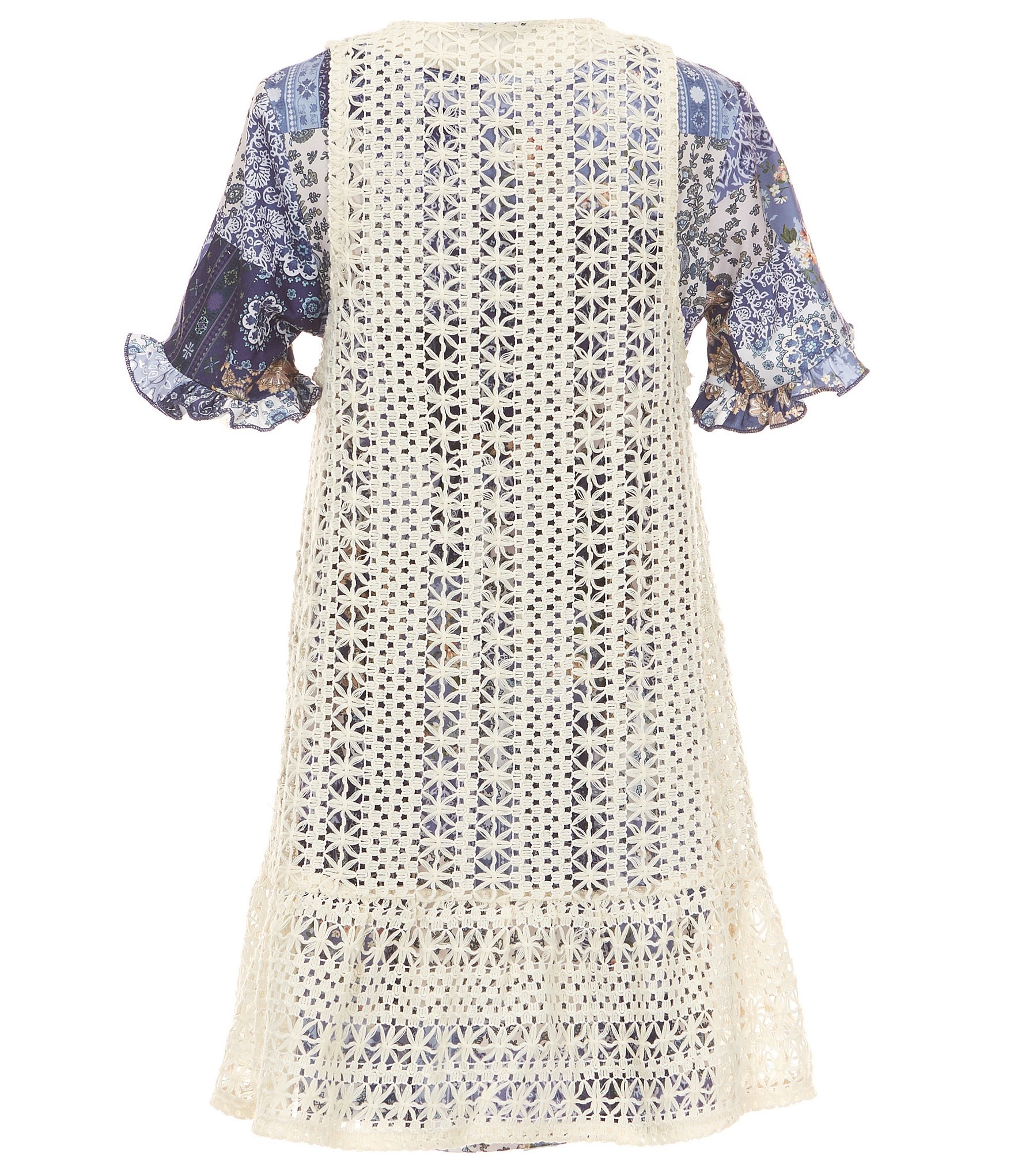 Rare Editions Big Girls Sleeveless Crocheted Vest & Short-Sleeve Printed A-Line Dress Set