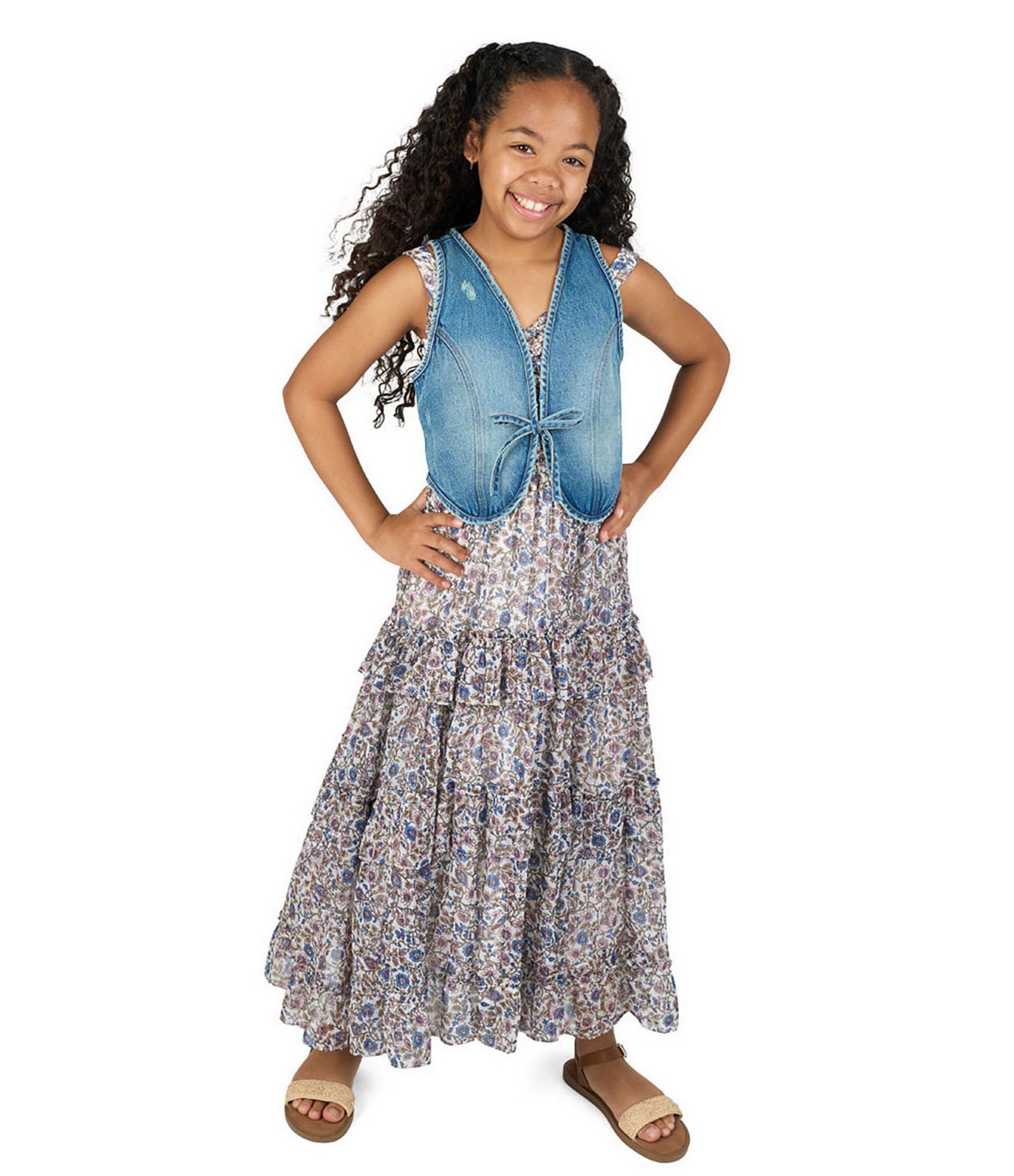 Rare Editions Big Girls Sleeveless Denim Tie-Front Vest & Sleeveless Floral Printed Chiffon Dress Set
