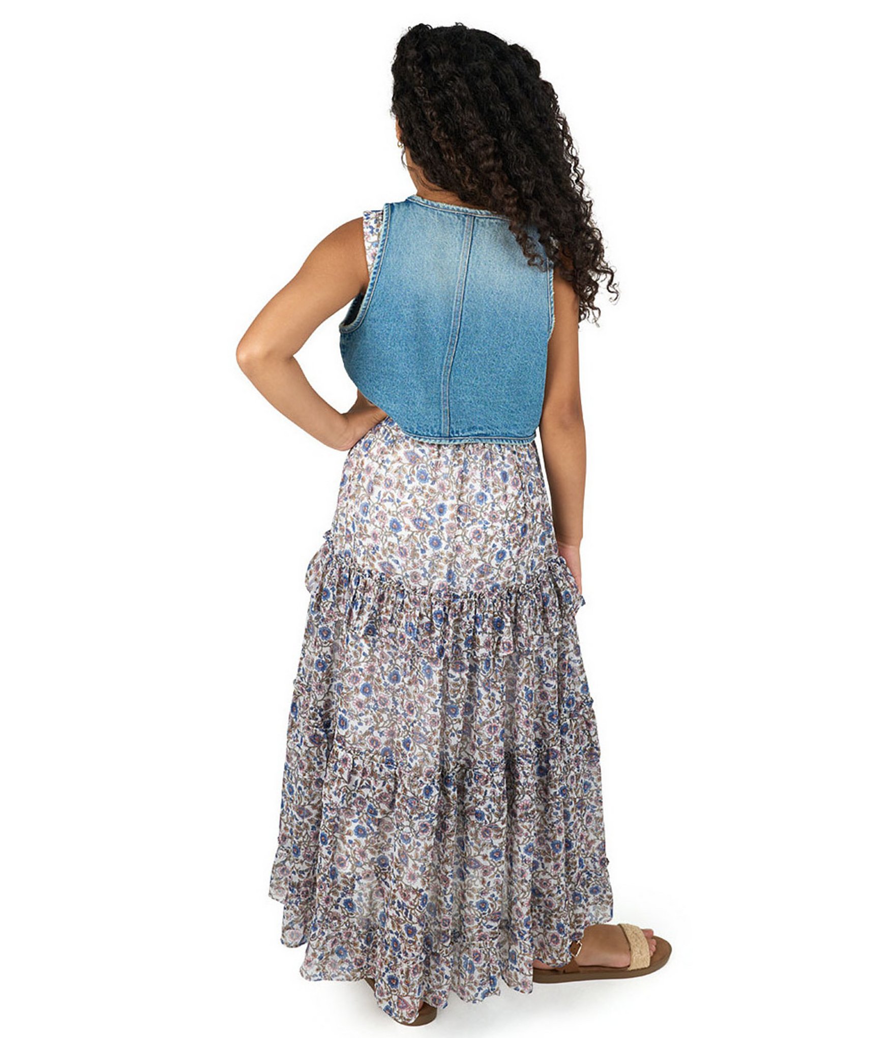 Rare Editions Big Girls Sleeveless Denim Tie-Front Vest & Sleeveless Floral Printed Chiffon Dress Set