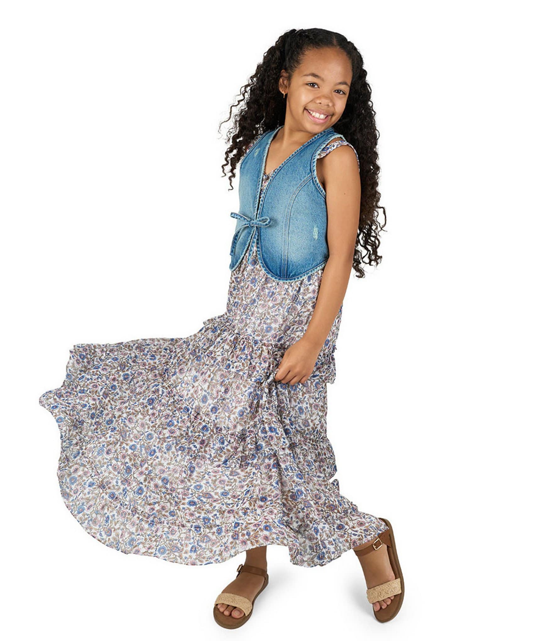 Rare Editions Big Girls Sleeveless Denim Tie-Front Vest & Sleeveless Floral Printed Chiffon Dress Set