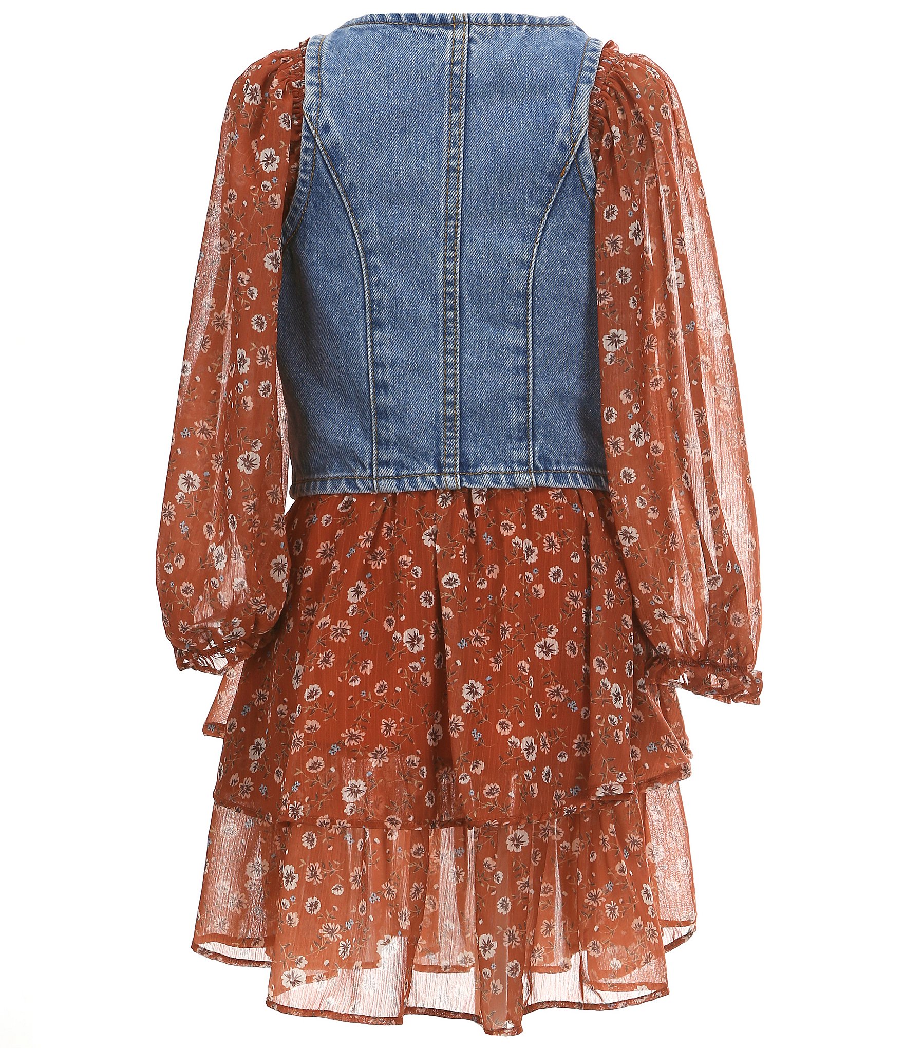 Rare Editions Big Girls 7-16 Sleeveless Denim Vest & Long Sleeve Floral-Printed Chiffon Fit & Flare Dress Set