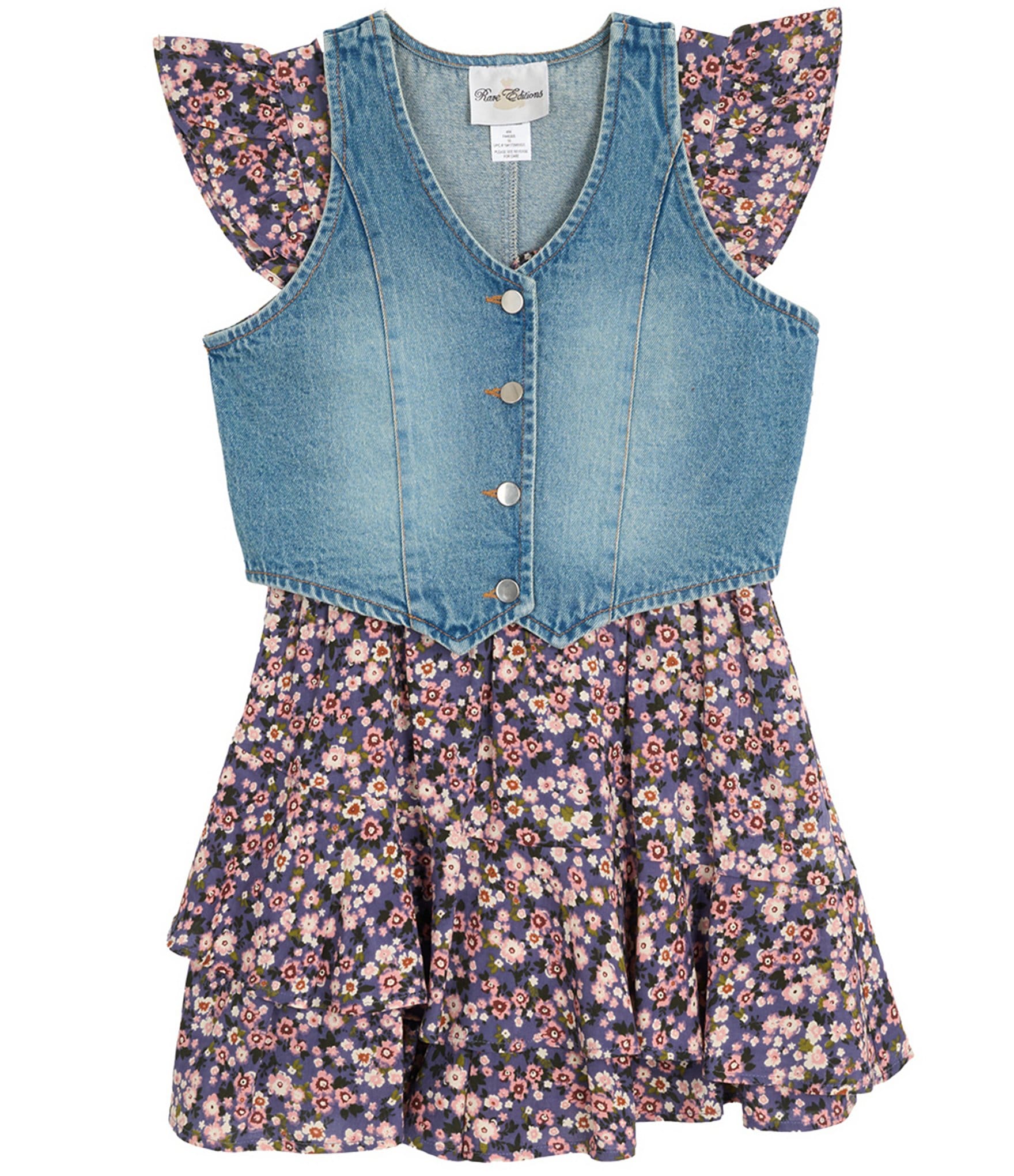 Rare Editions Big Girls Sleeveless Denim Vest & Printed Flutter-Sleeve Challis Romper Set