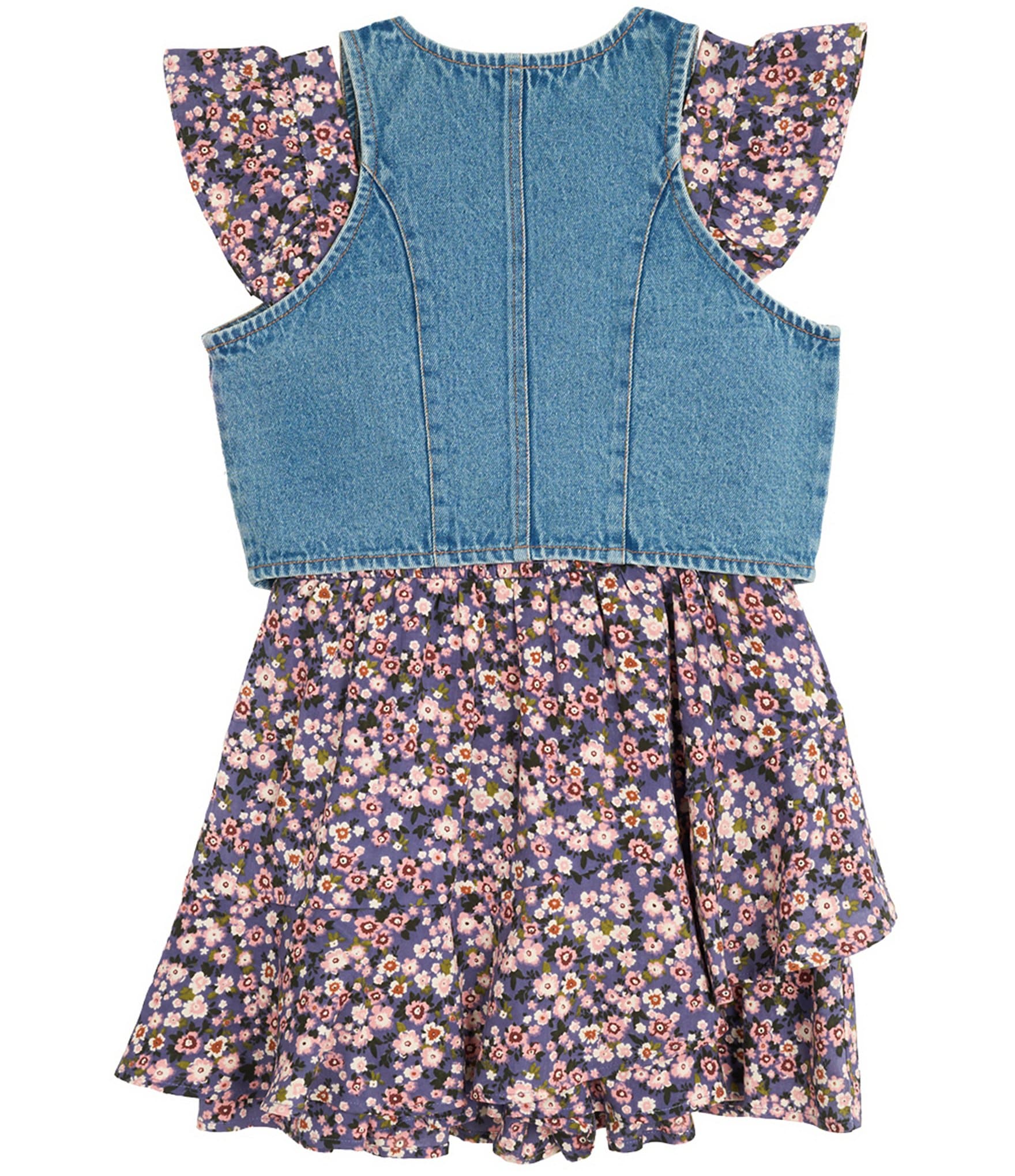 Rare Editions Big Girls Sleeveless Denim Vest & Printed Flutter-Sleeve Challis Romper Set