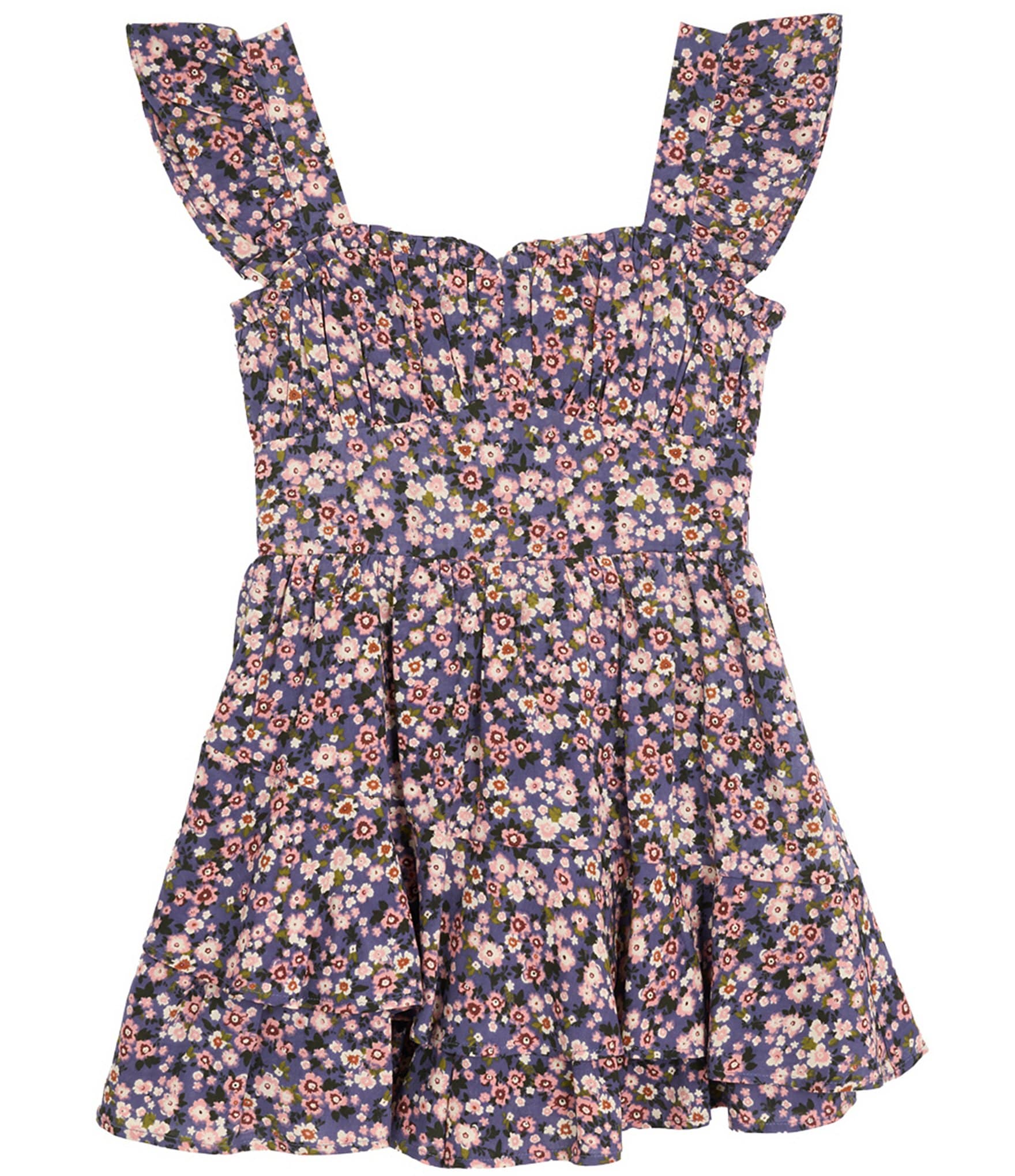 Rare Editions Big Girls Sleeveless Denim Vest & Printed Flutter-Sleeve Challis Romper Set