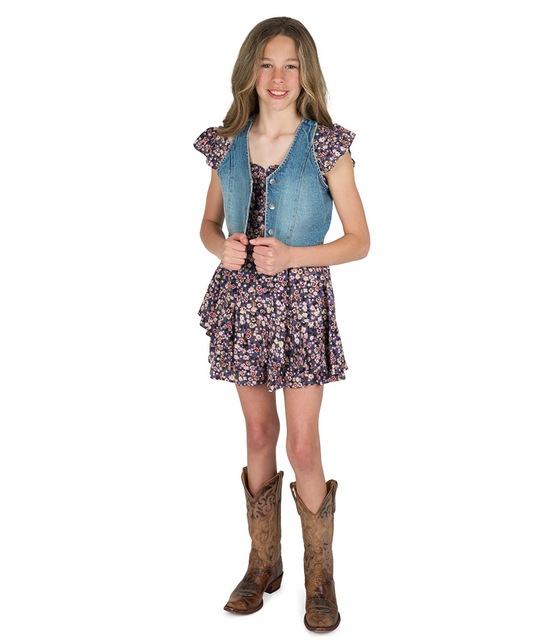 Rare Editions Big Girls Sleeveless Denim Vest & Printed Flutter-Sleeve Challis Romper Set