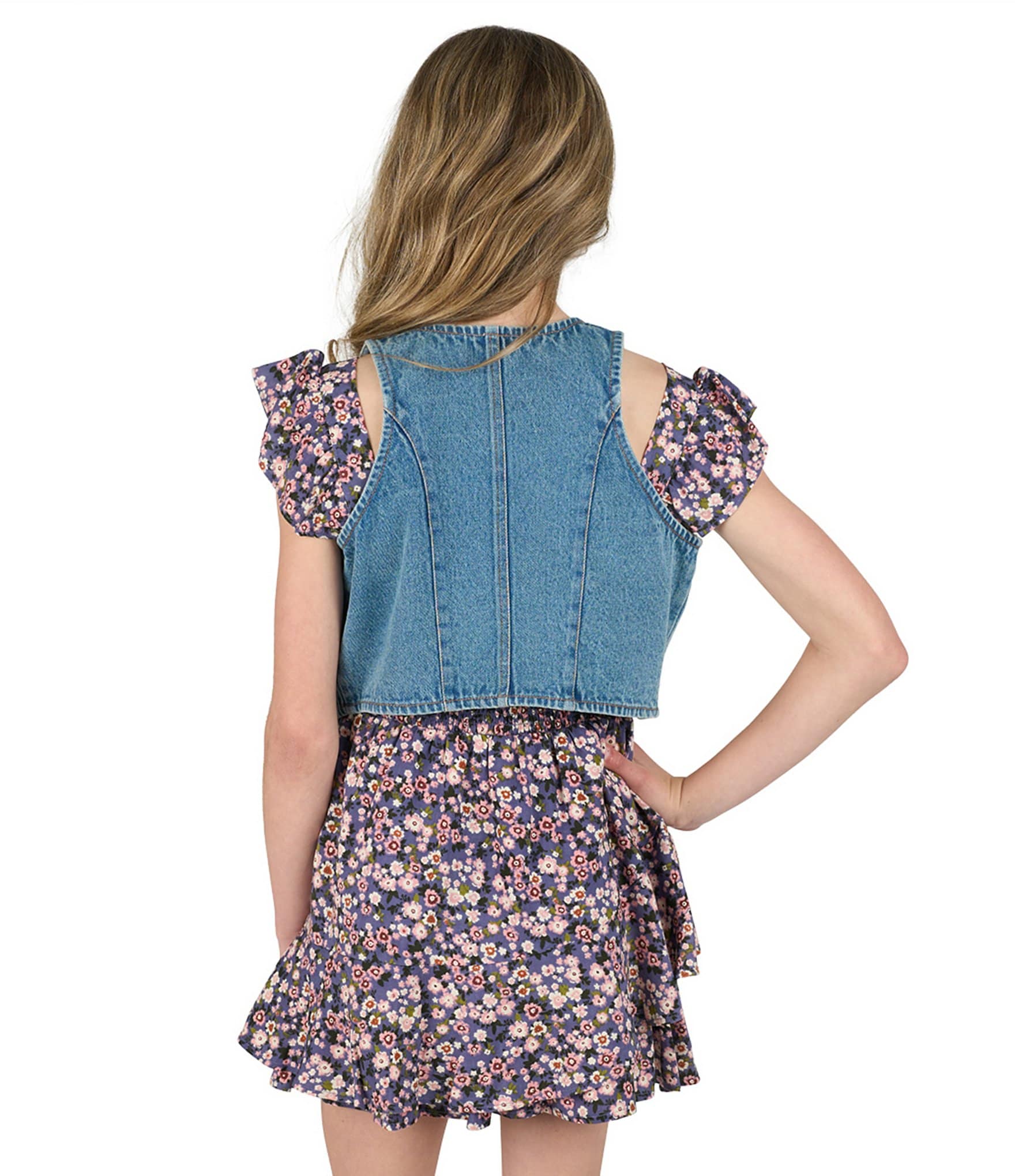 Rare Editions Big Girls Sleeveless Denim Vest & Printed Flutter-Sleeve Challis Romper Set