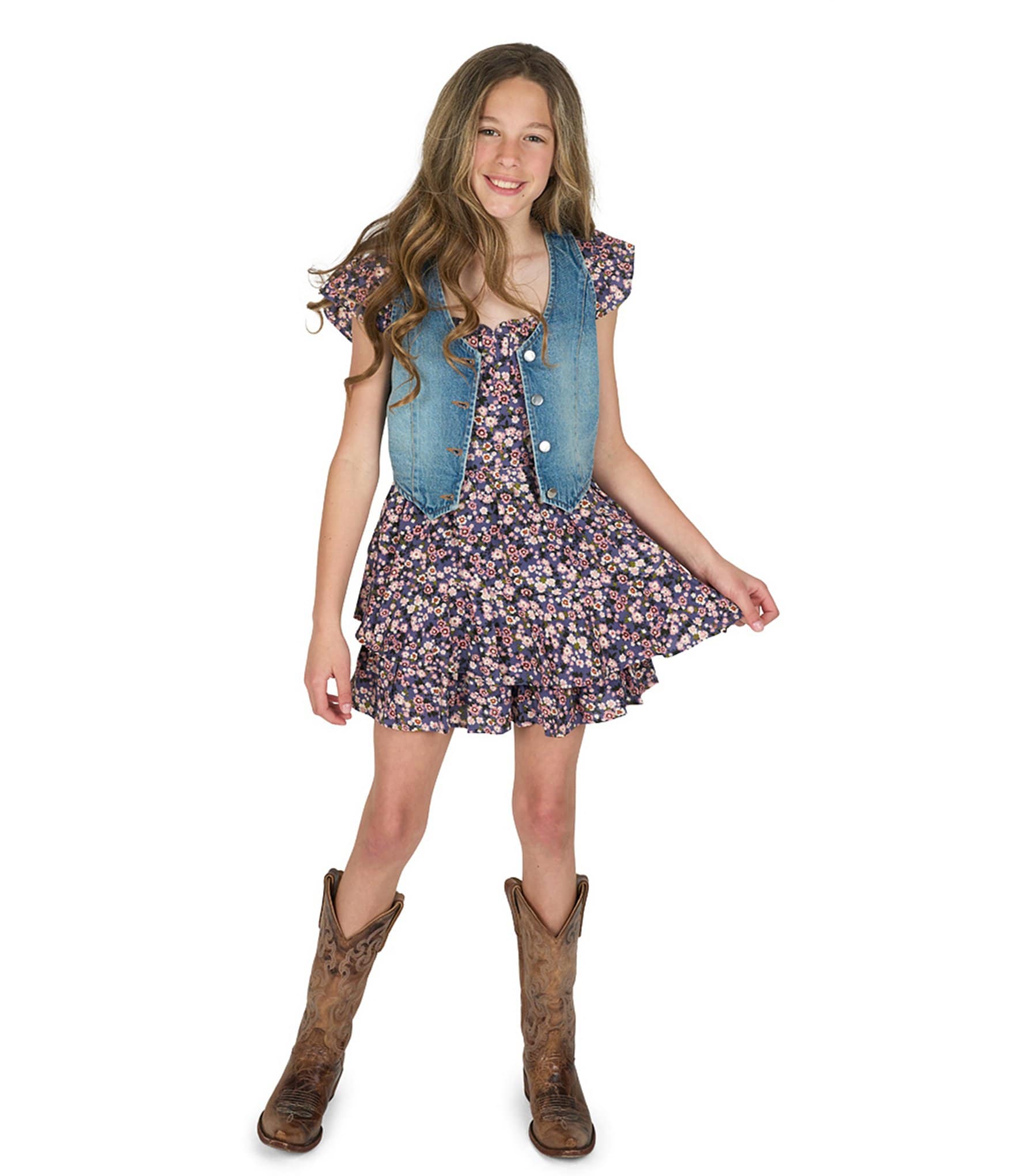Rare Editions Big Girls Sleeveless Denim Vest & Printed Flutter-Sleeve Challis Romper Set