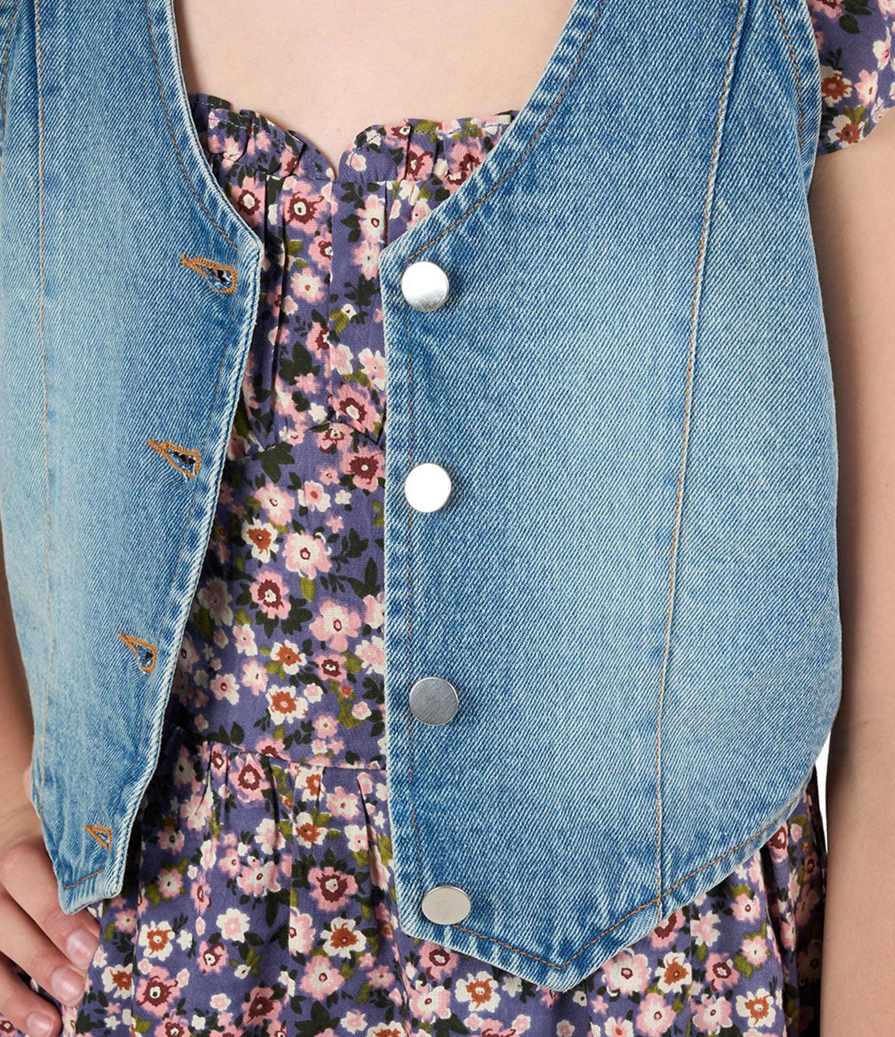 Rare Editions Big Girls Sleeveless Denim Vest & Printed Flutter-Sleeve Challis Romper Set
