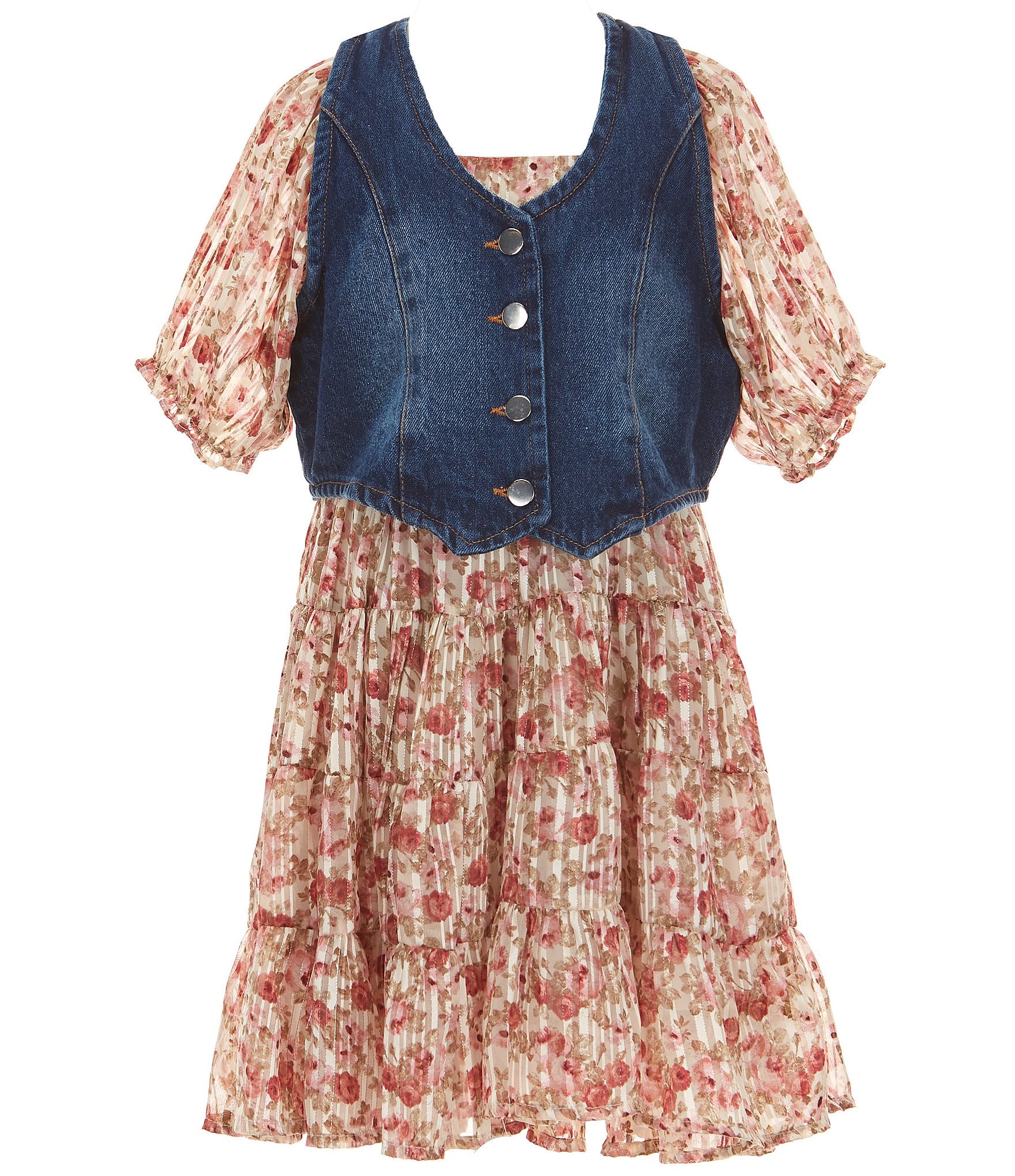 Rare Editions Big Girls Sleeveless Denim Vest & Puffed-Sleeve Floral-Printed Burnout Dress Set