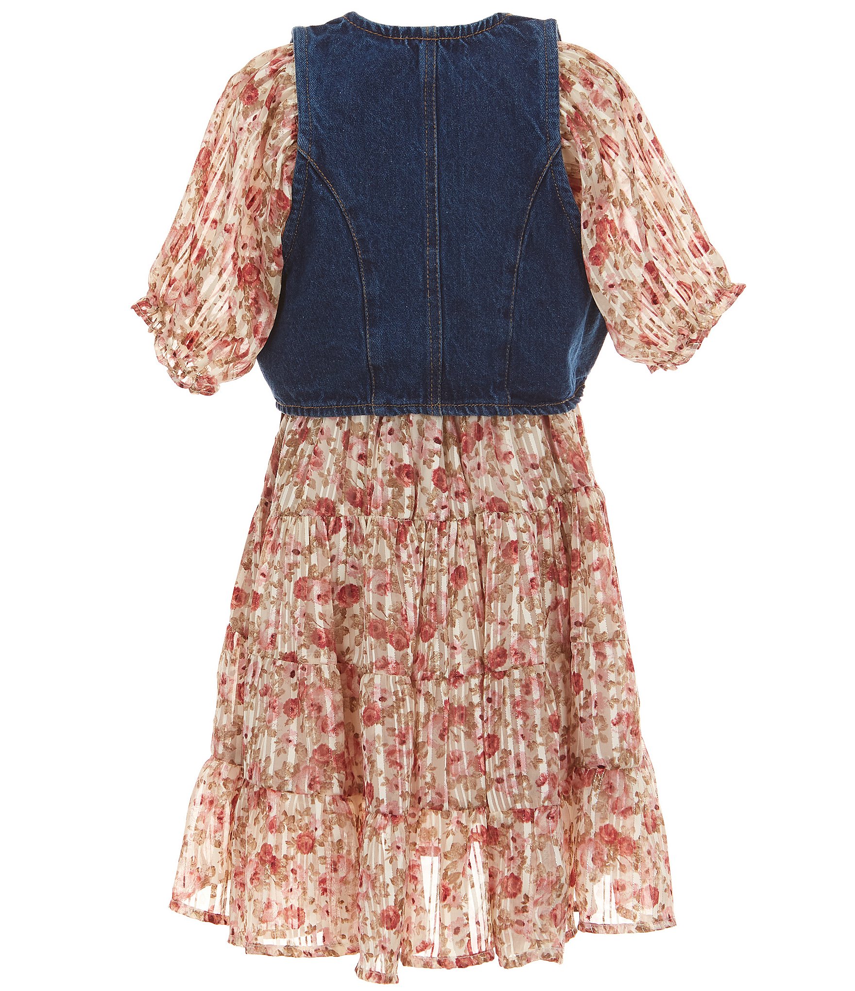 Rare Editions Big Girls Sleeveless Denim Vest & Puffed-Sleeve Floral-Printed Burnout Dress Set