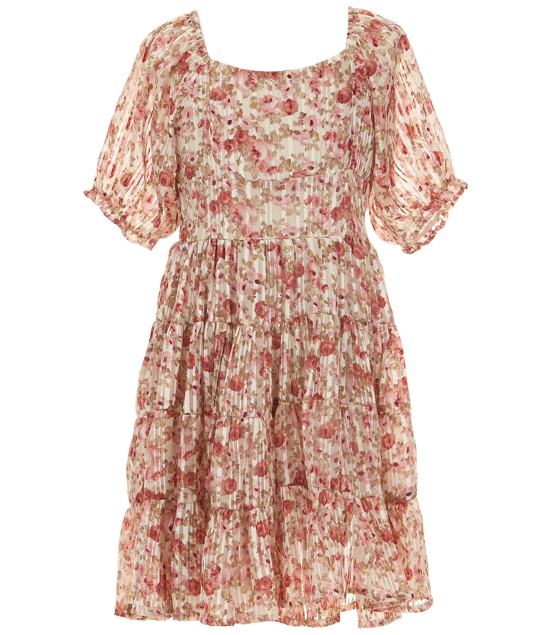 Rare Editions Big Girls Sleeveless Denim Vest & Puffed-Sleeve Floral-Printed Burnout Dress Set