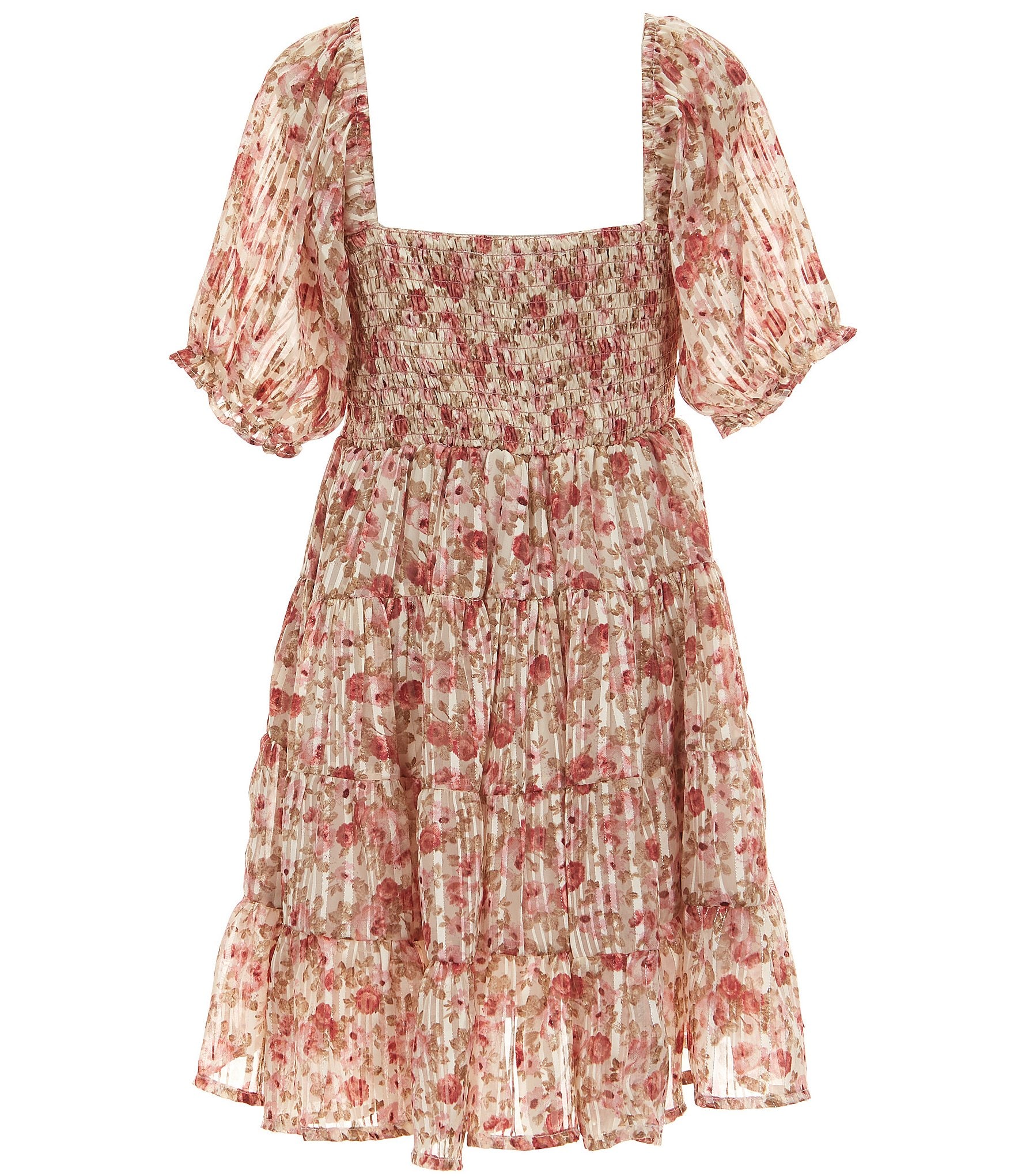 Rare Editions Big Girls Sleeveless Denim Vest & Puffed-Sleeve Floral-Printed Burnout Dress Set