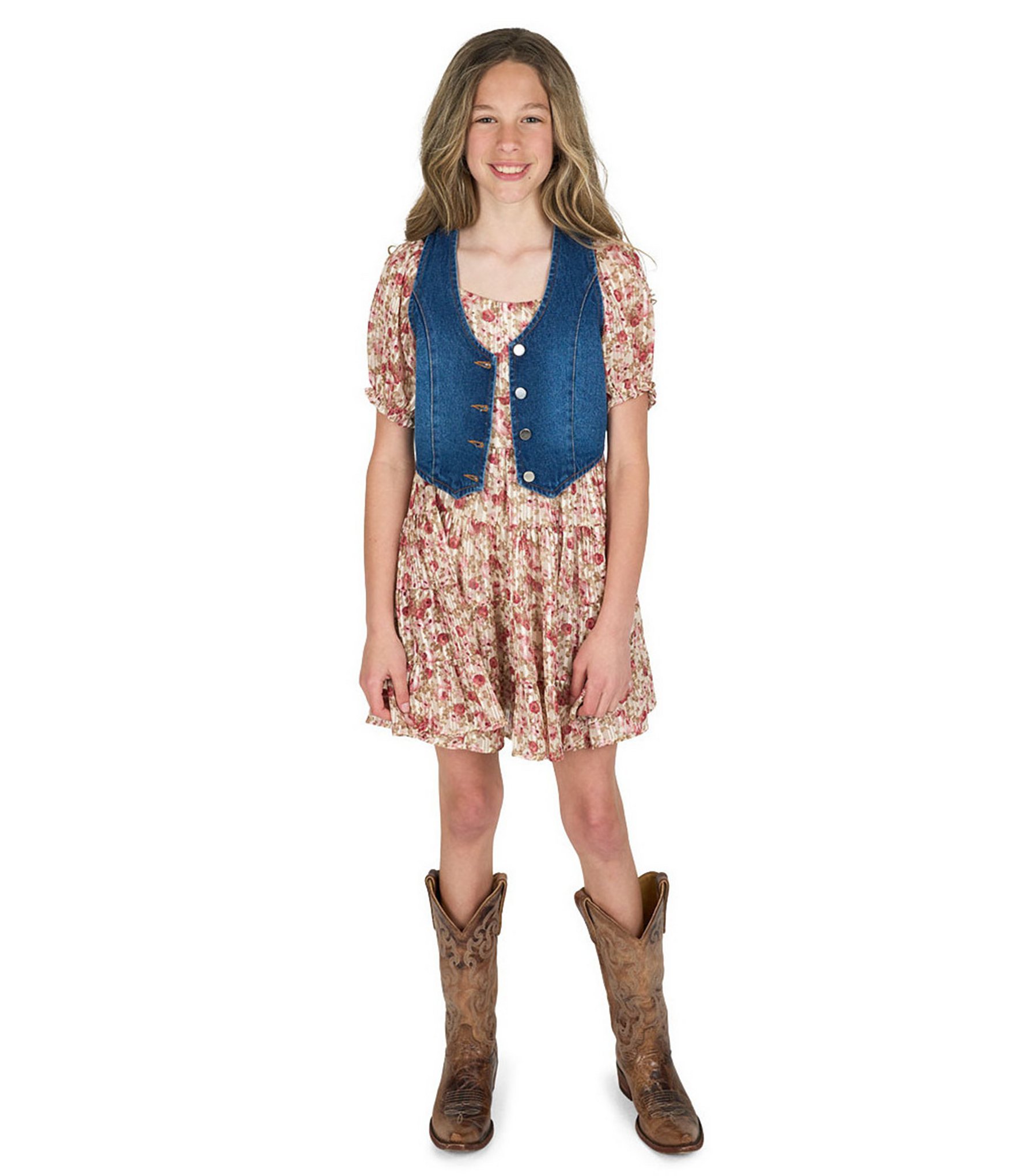 Rare Editions Big Girls Sleeveless Denim Vest & Puffed-Sleeve Floral-Printed Burnout Dress Set