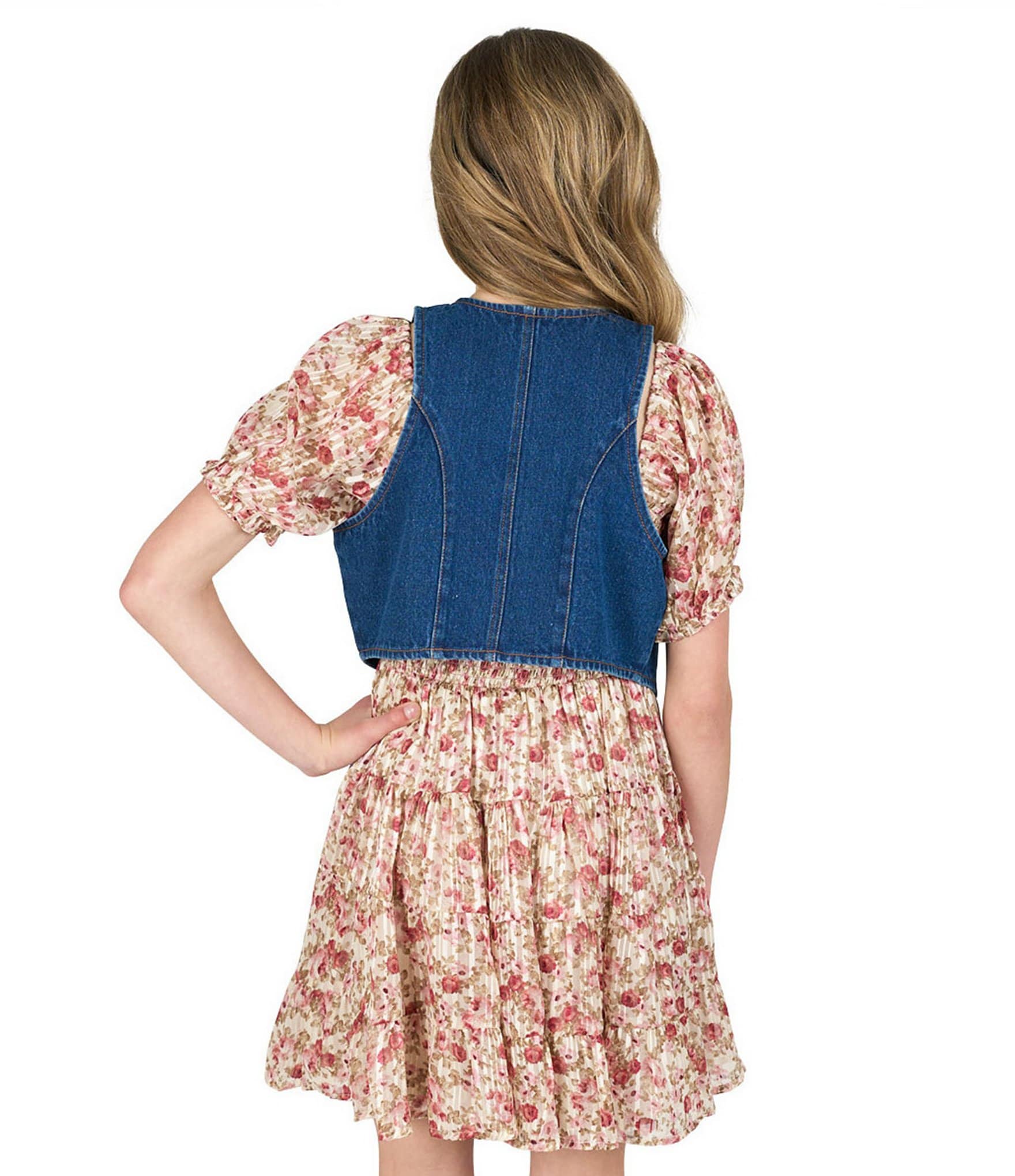 Rare Editions Big Girls Sleeveless Denim Vest & Puffed-Sleeve Floral-Printed Burnout Dress Set