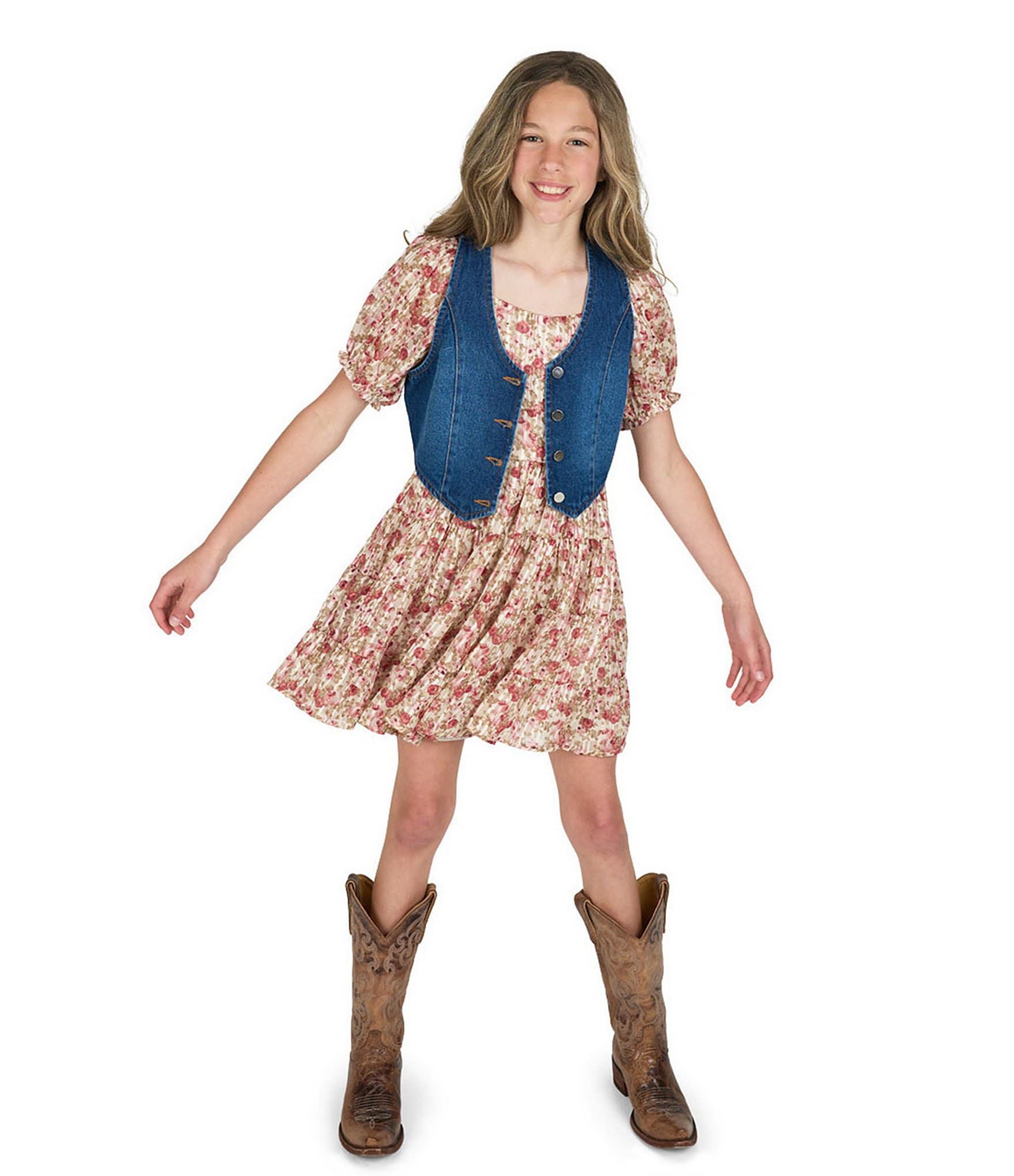 Rare Editions Big Girls Sleeveless Denim Vest & Puffed-Sleeve Floral-Printed Burnout Dress Set