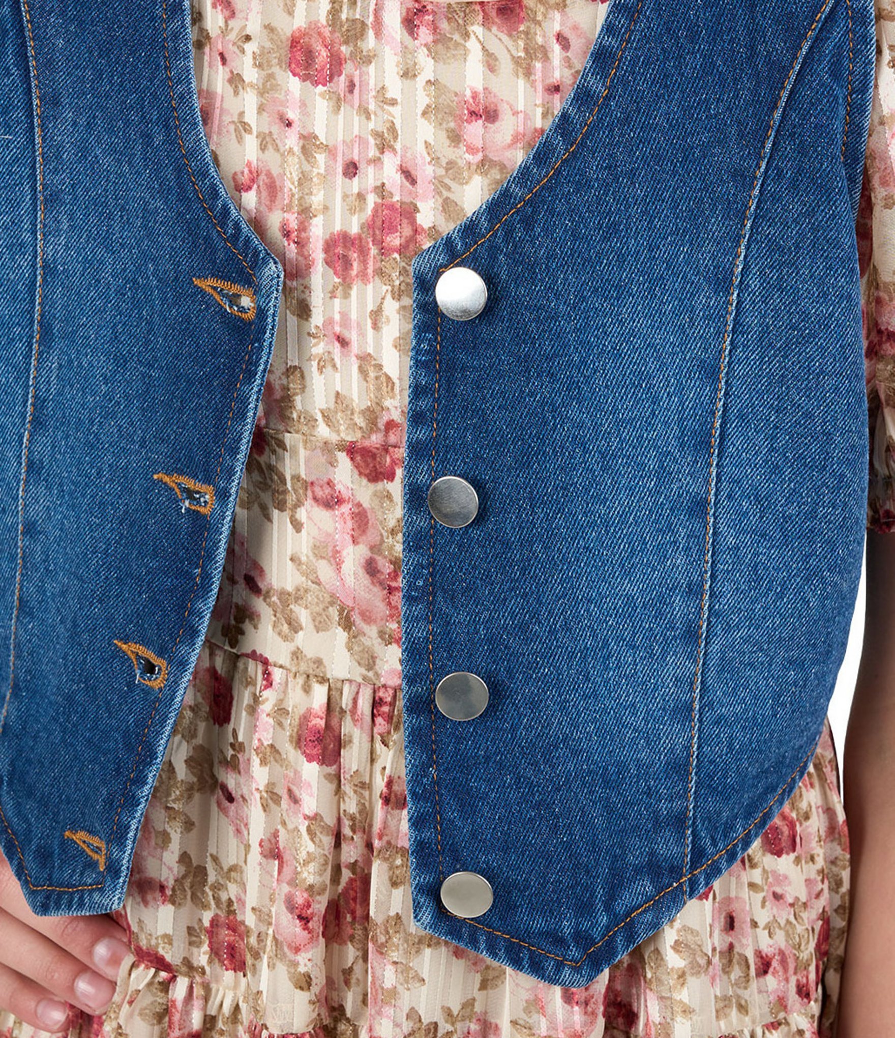 Rare Editions Big Girls Sleeveless Denim Vest & Puffed-Sleeve Floral-Printed Burnout Dress Set