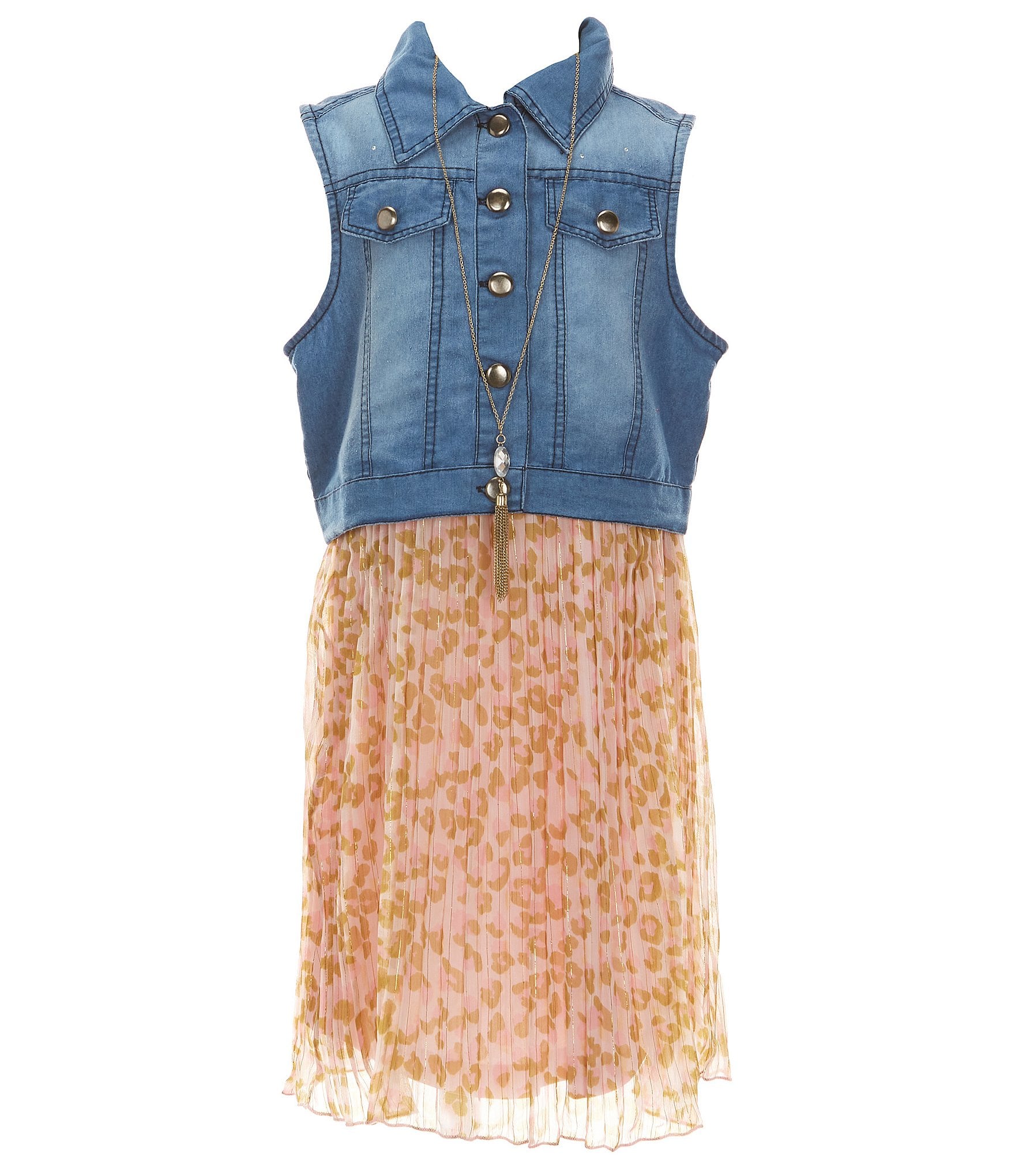 Rare Editions Big Girls 7-16 Sleeveless Denim Vest & Sleeveless Floral-Printed Pleated Chiffon Dress