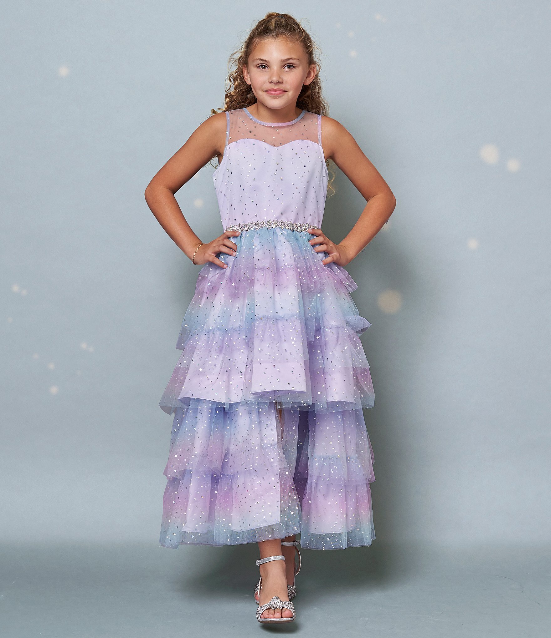 Rare Editions Big Girls 7-16 Sleeveless Foiled-Dot Ombre Mesh Walk-Thru Skirted Ballgown