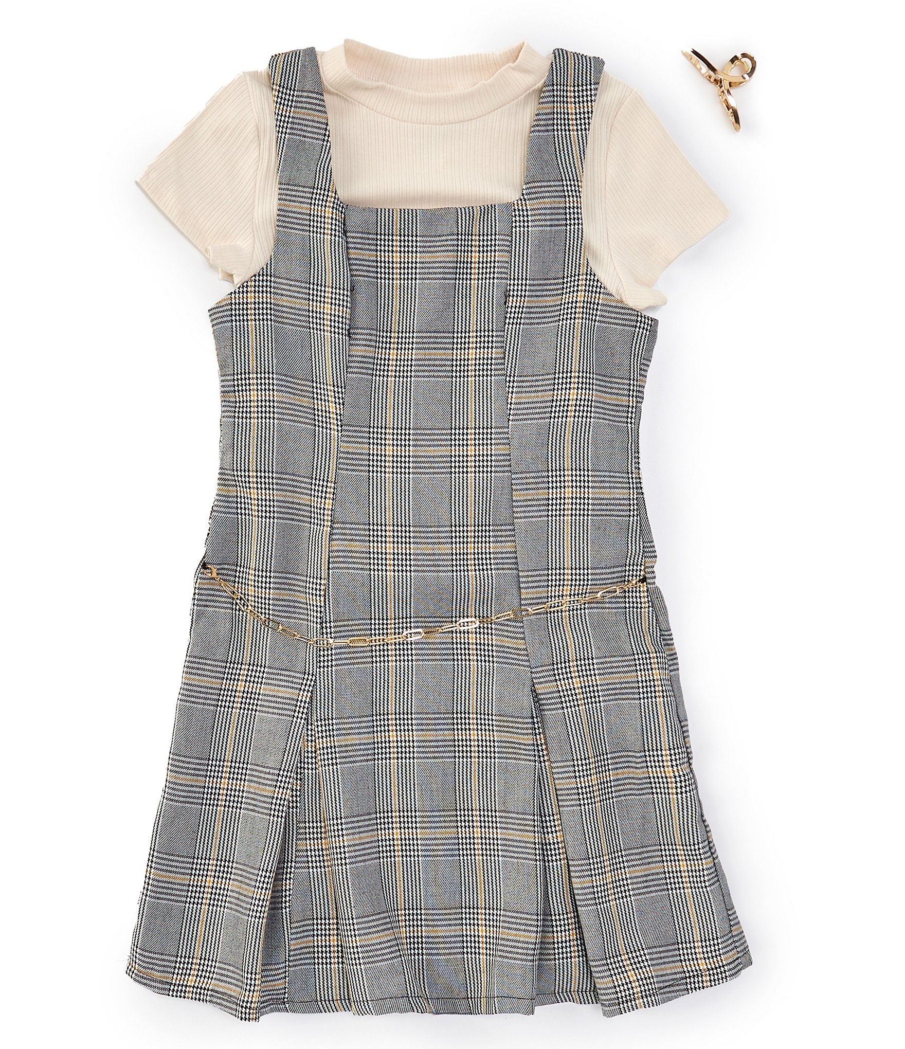 Rare Editions Big Girls 7-16 Sleeveless Plaid Box-Pleated Jumper Dress & Solid Short Sleeve T-Shirt Set