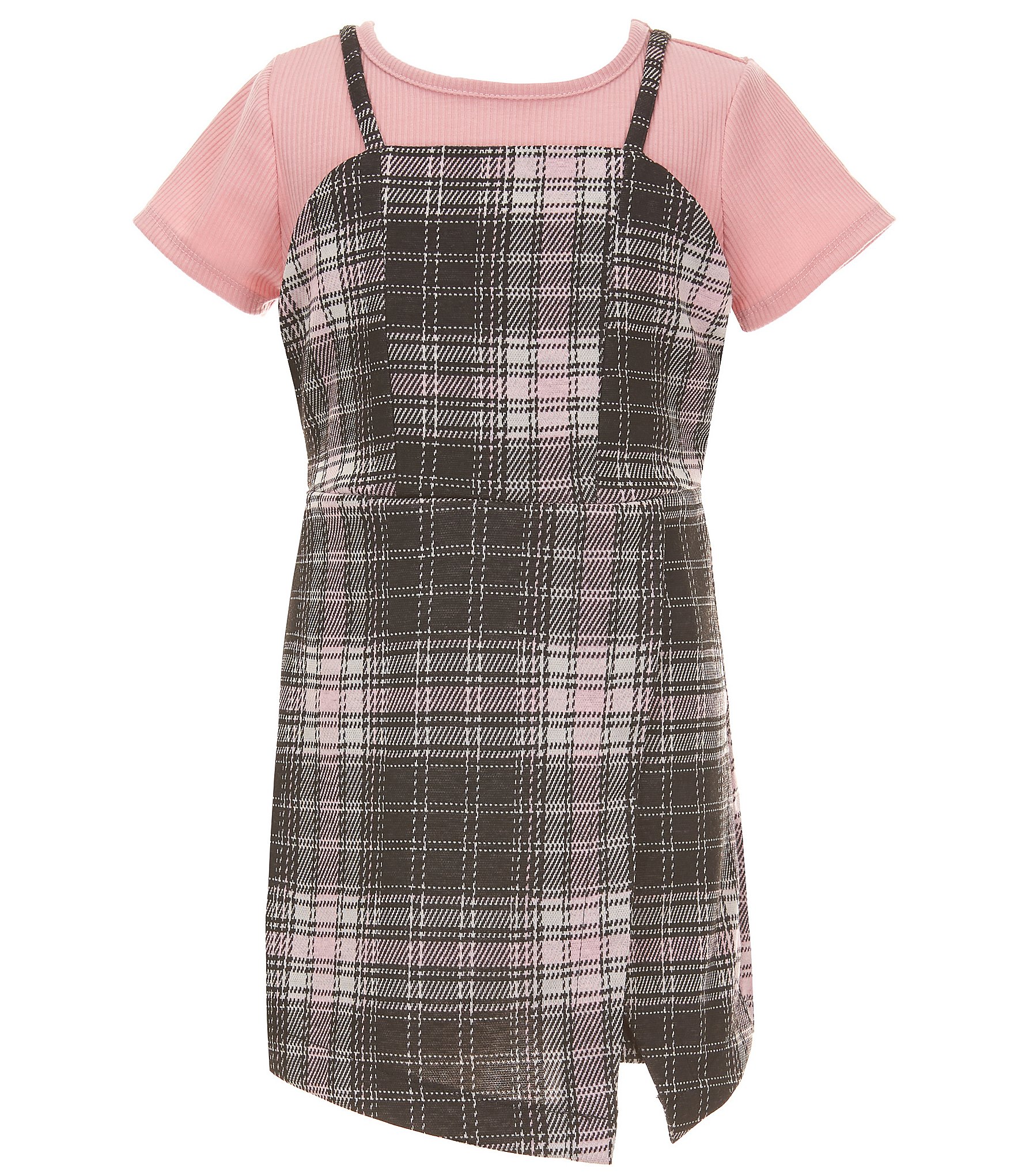 Rare Editions Big Girls Sleeveless Plaid Jumper Dress & Short-Sleeve Solid Rib-Knit T-Shirt Set