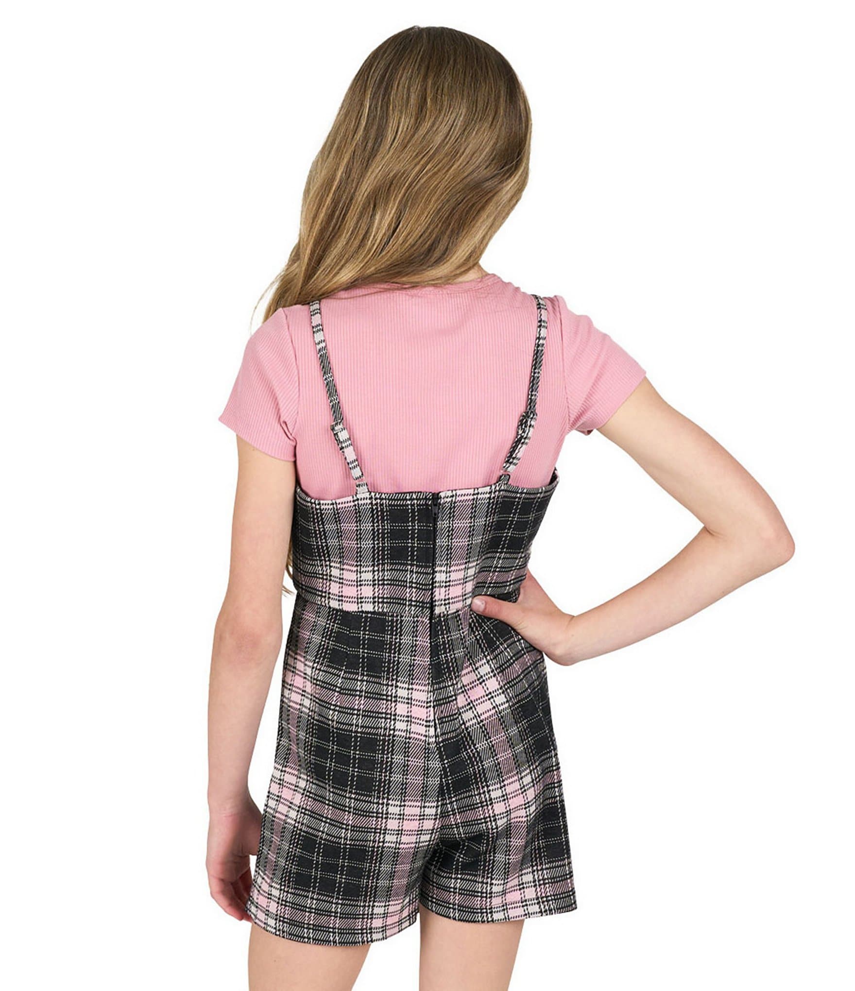 Rare Editions Big Girls Sleeveless Plaid Jumper Dress & Short-Sleeve Solid Rib-Knit T-Shirt Set