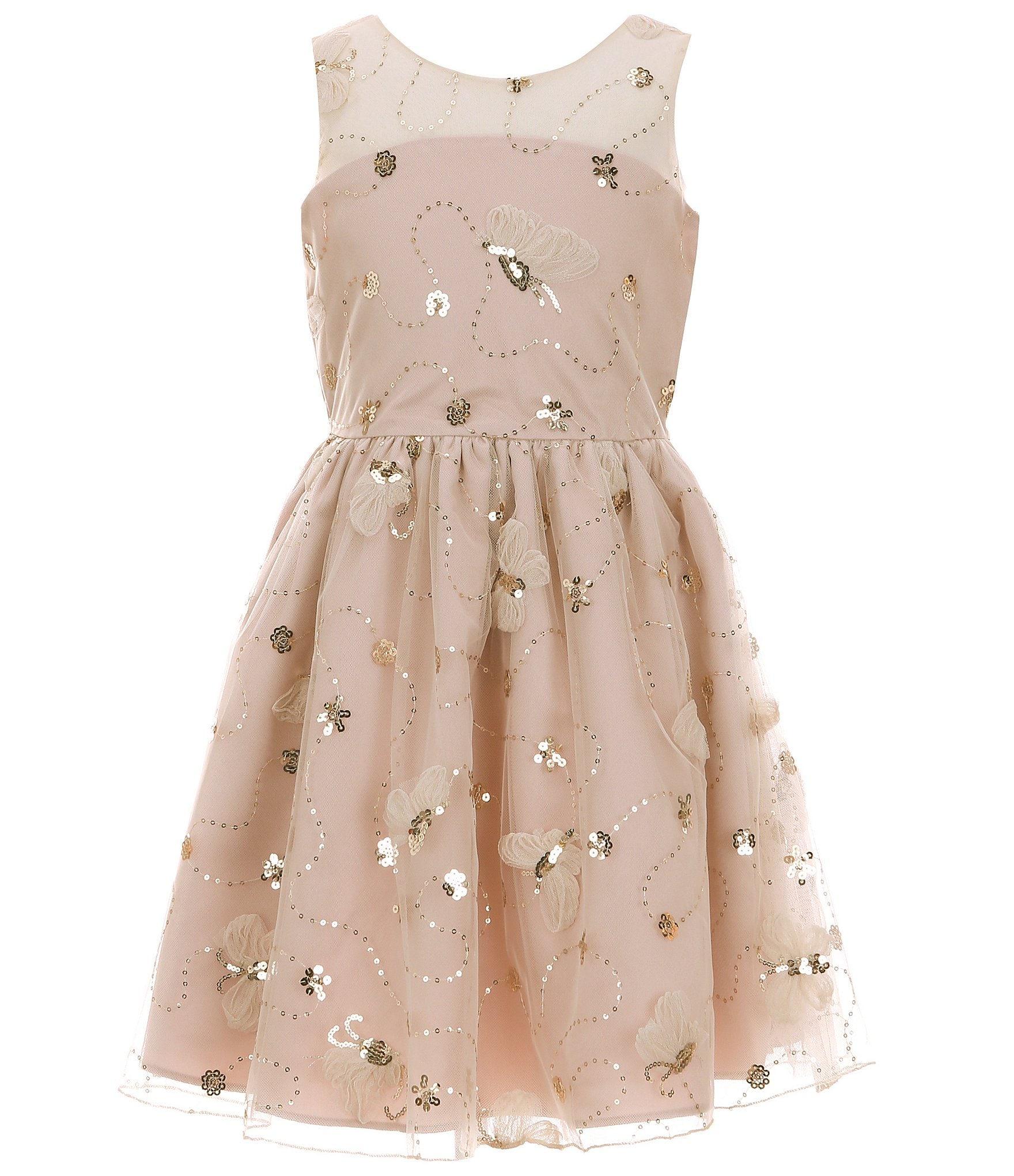 Rare Editions Big Girls 7-16 Sleeveless Sequin-Embellished Butterfly-Soutache-Embroidered Fit-And-Flare Dress