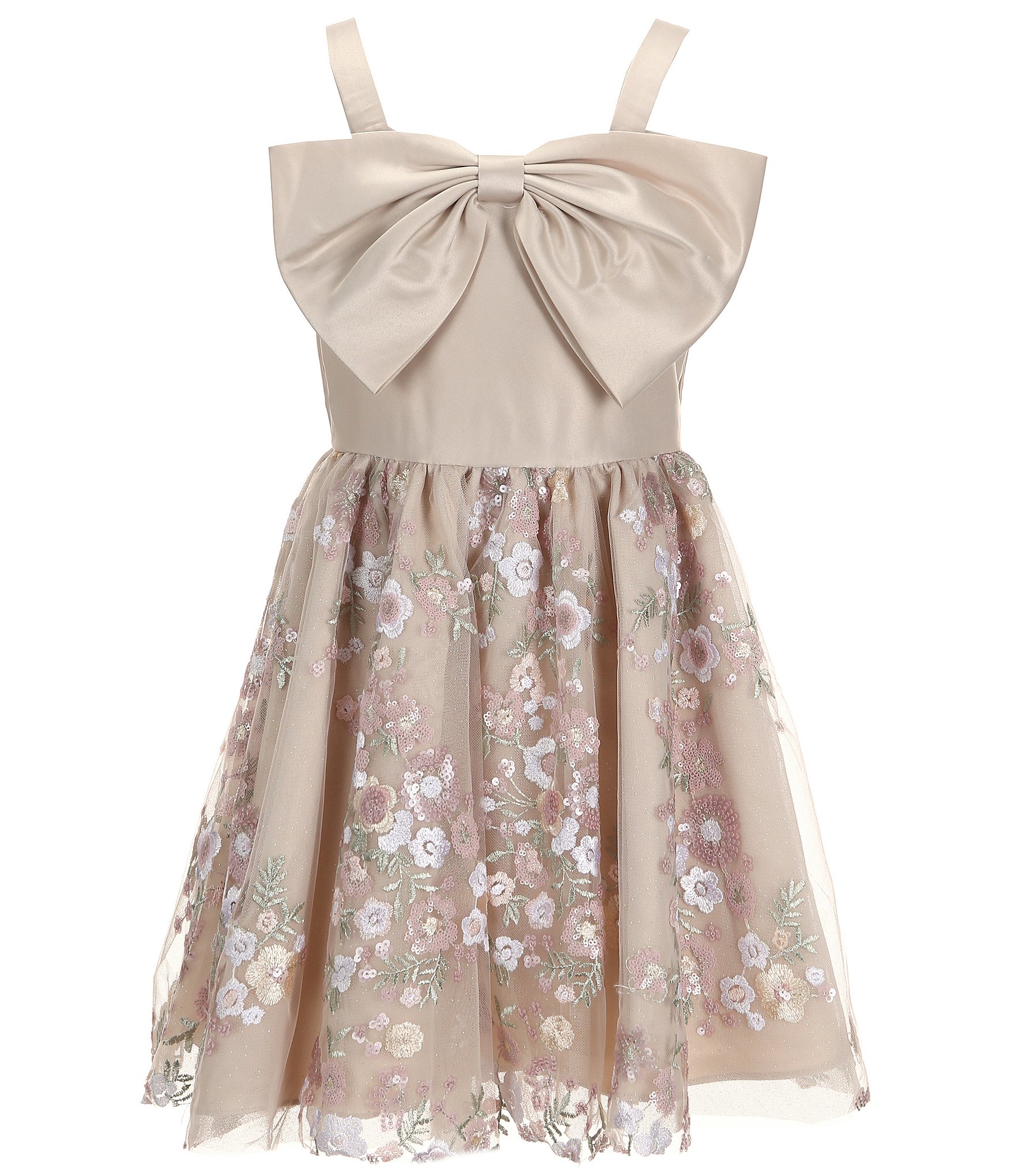 Rare Editions Big Girls 7-16 Sleeveless Solid Satin/Sequin-Embellished Floral-Embroidered Skirted Fit & Flare Dress