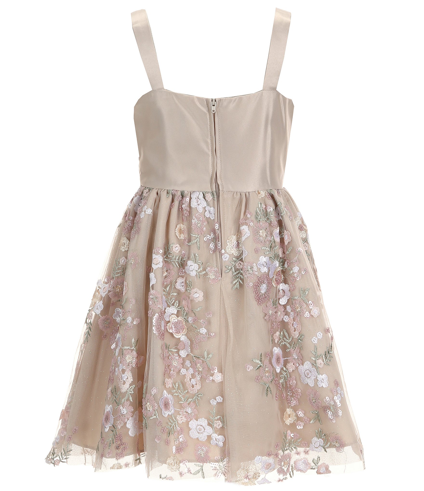 Rare Editions Big Girls 7-16 Sleeveless Solid Satin/Sequin-Embellished Floral-Embroidered Skirted Fit & Flare Dress