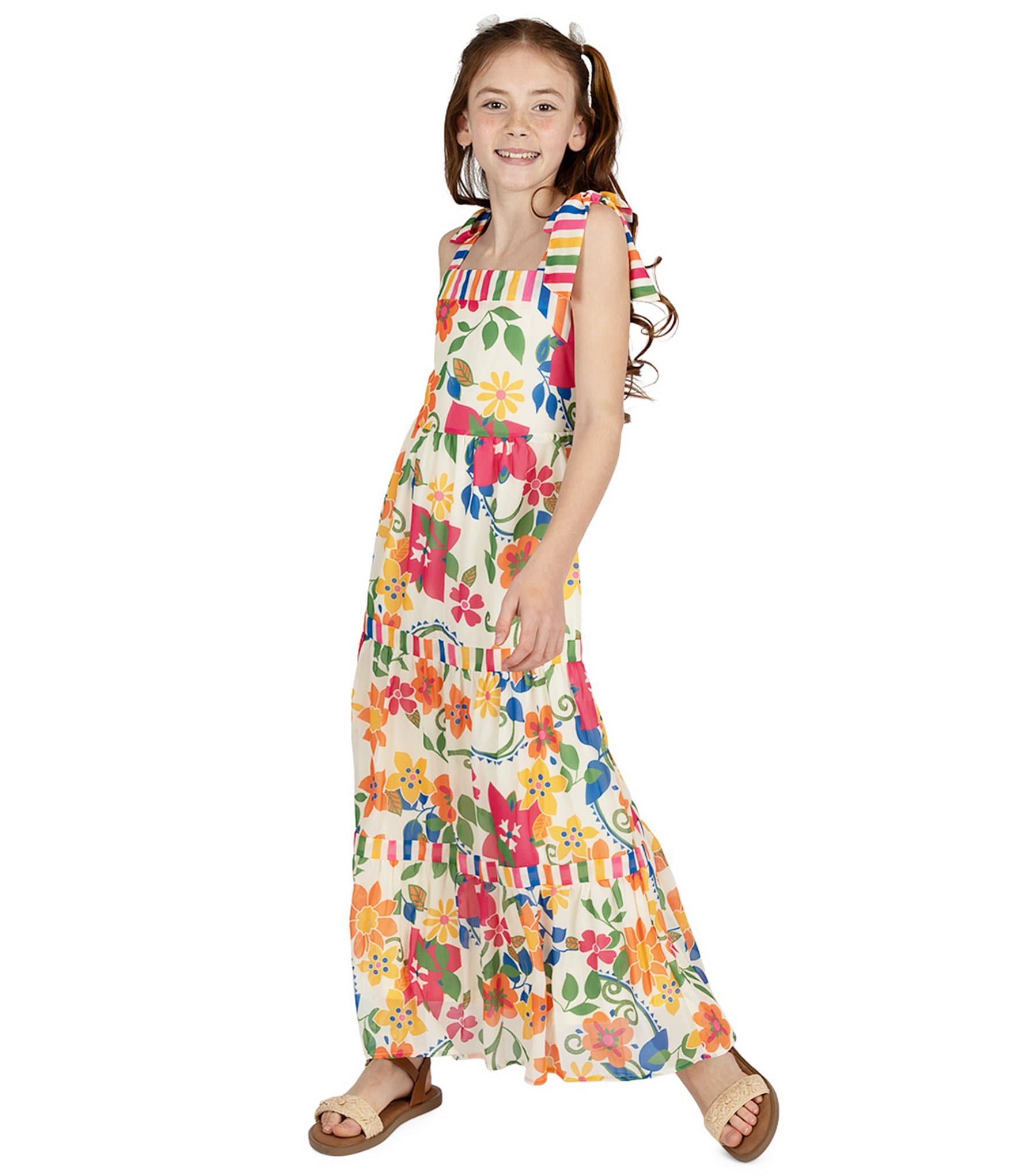 Rare Editions Big Girls 7-16 Sleevleess Floral/Striped Tiered Maxi Dress