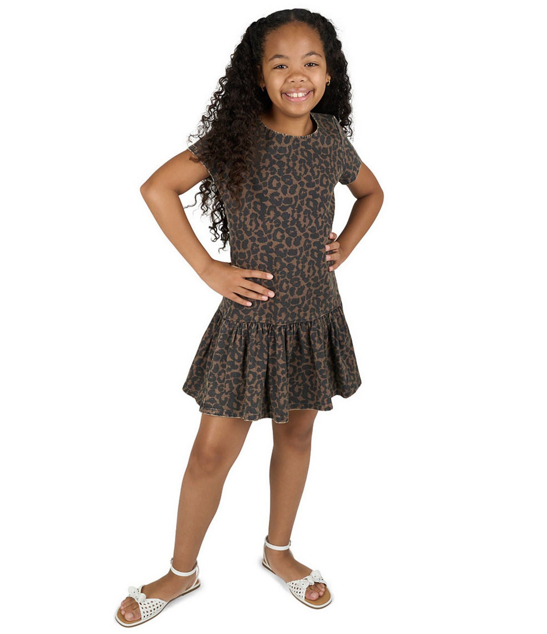 Rare Editions Big Girls Short-Sleeve Leopard-Printed Drop-Waist Shift Dress