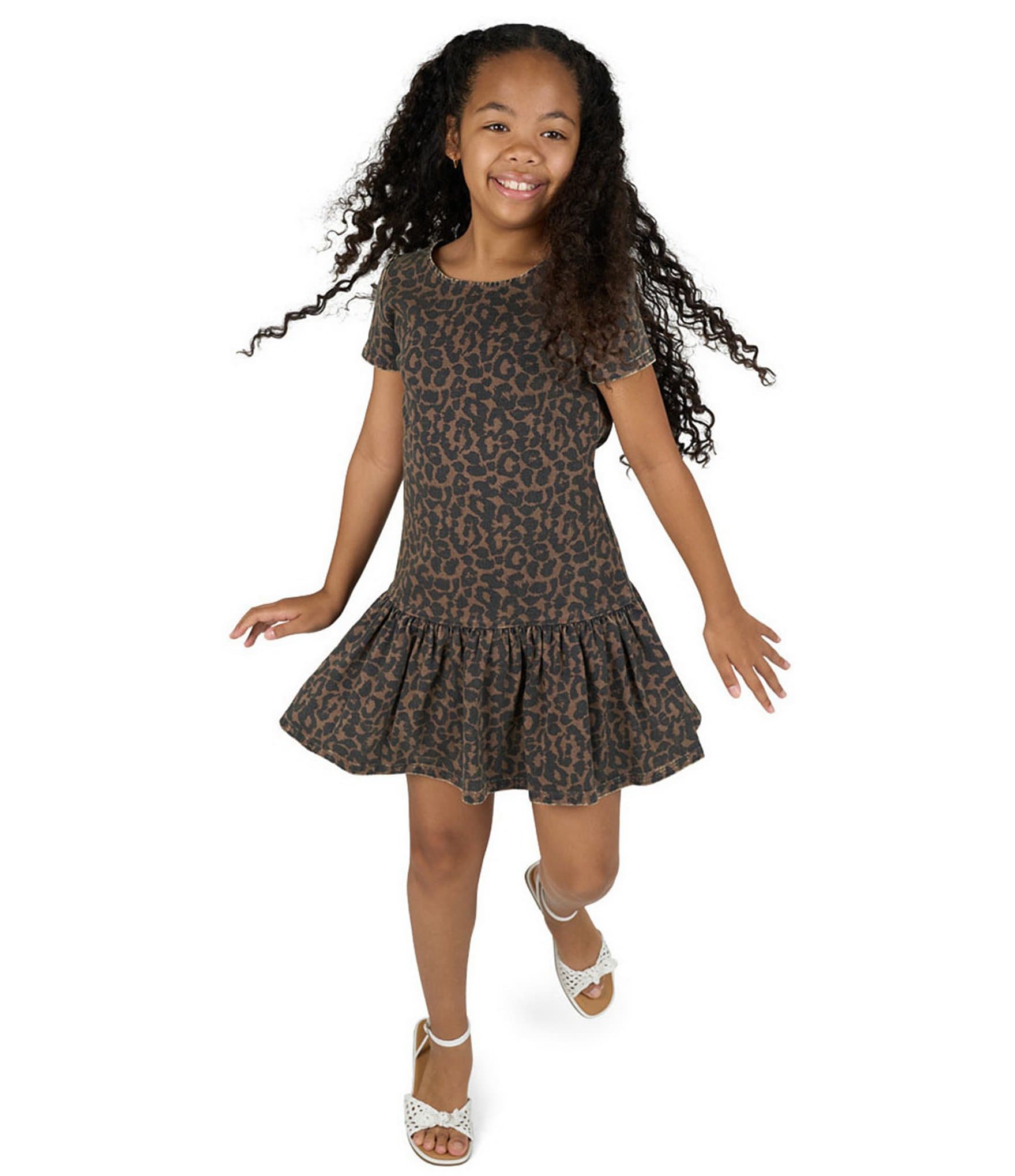 Rare Editions Big Girls Short-Sleeve Leopard-Printed Drop-Waist Shift Dress