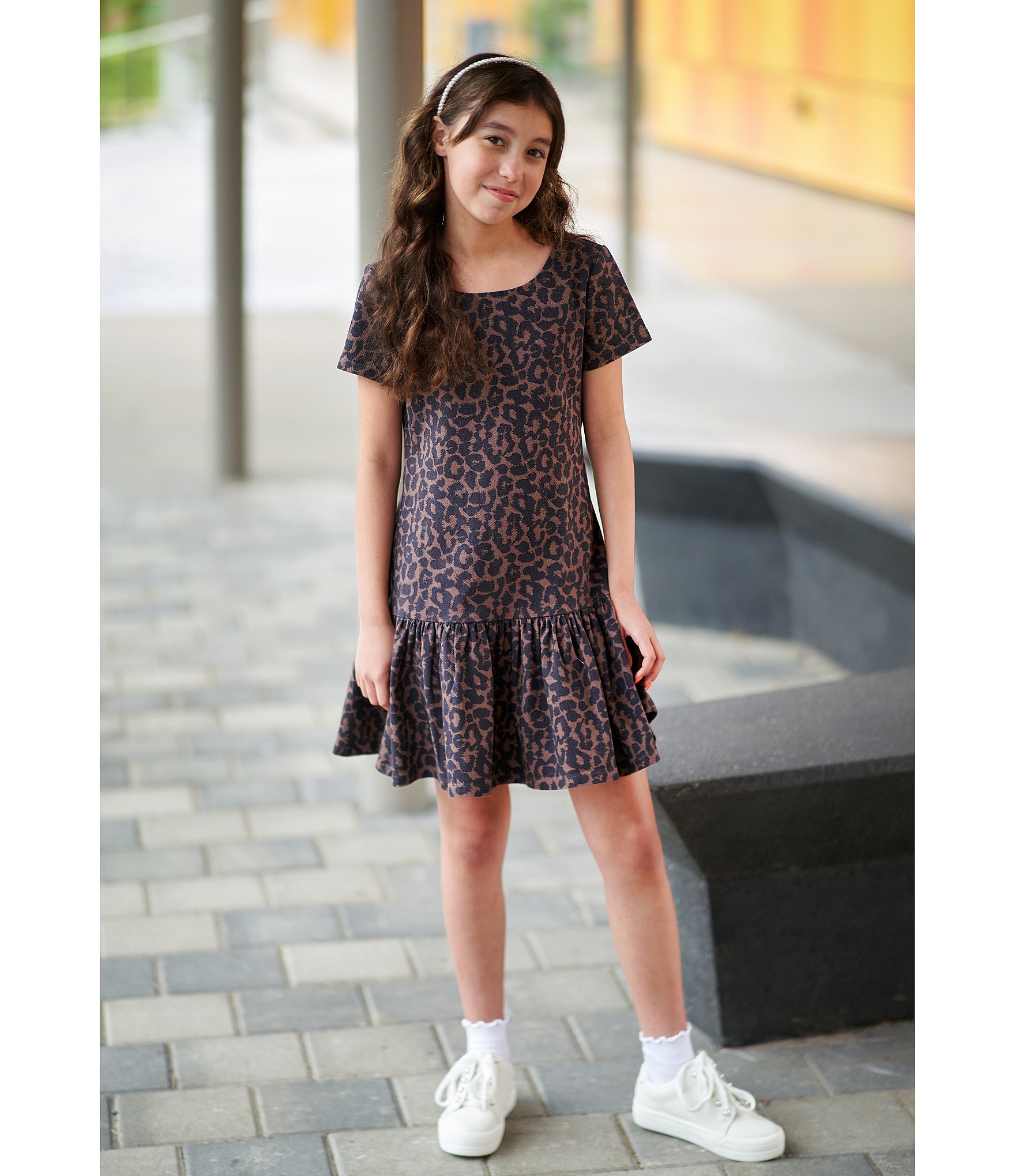 Rare Editions Big Girls Short-Sleeve Leopard-Printed Drop-Waist Shift Dress