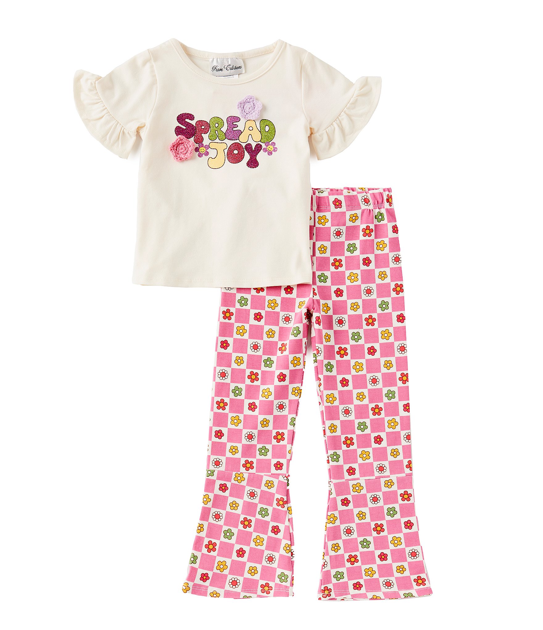 Rare Editions Little Girls 2T-4T Flutter Sleeve Spread Joy Top & Checked/Floral Flare Leg Leggings Set