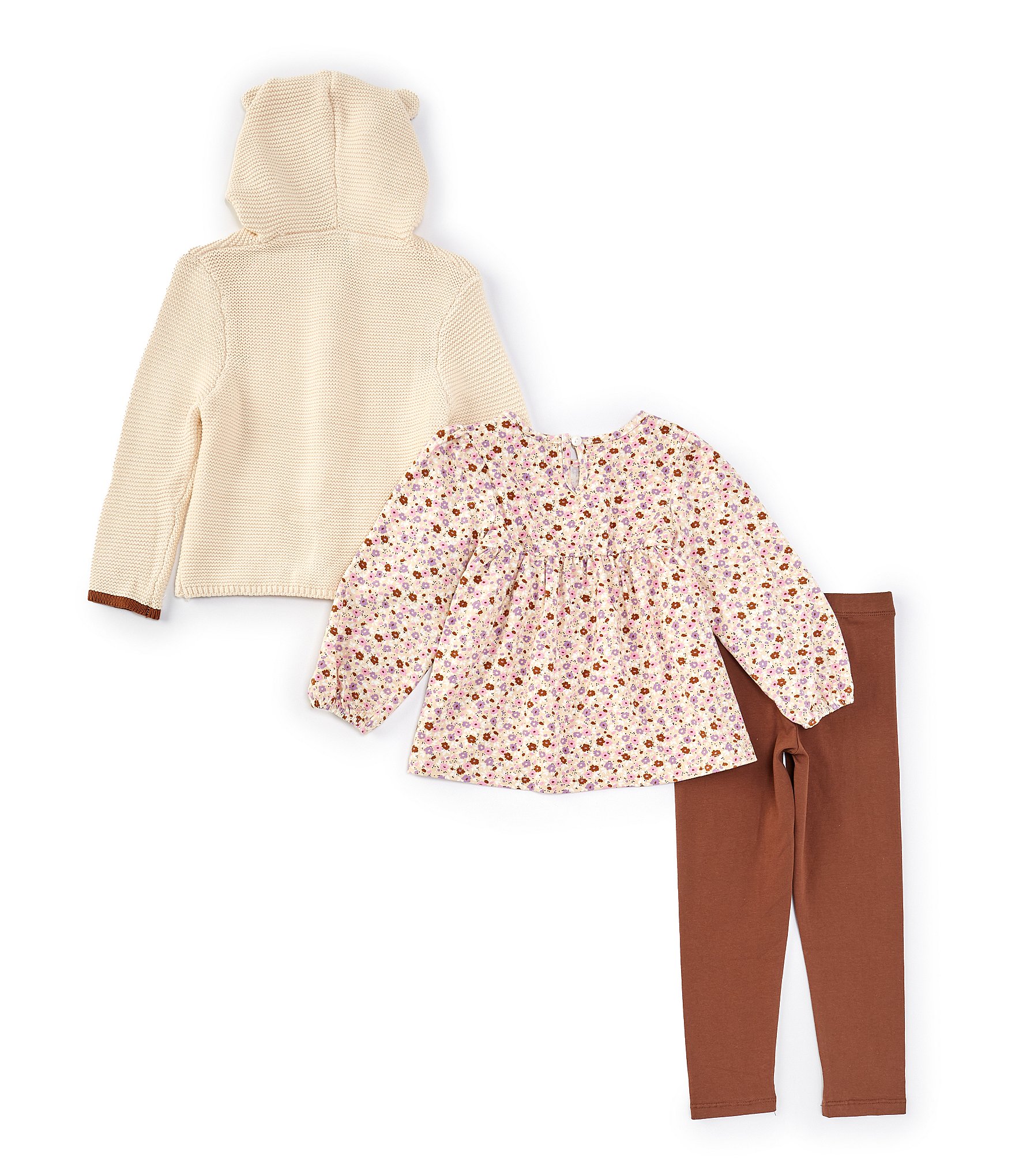 Rare Editions Little Girls 2T-4T Long Sleeve Bear Hooded Knit Cardigan, Floral-Printed Knit Top & Solid Jersey Leggings Set