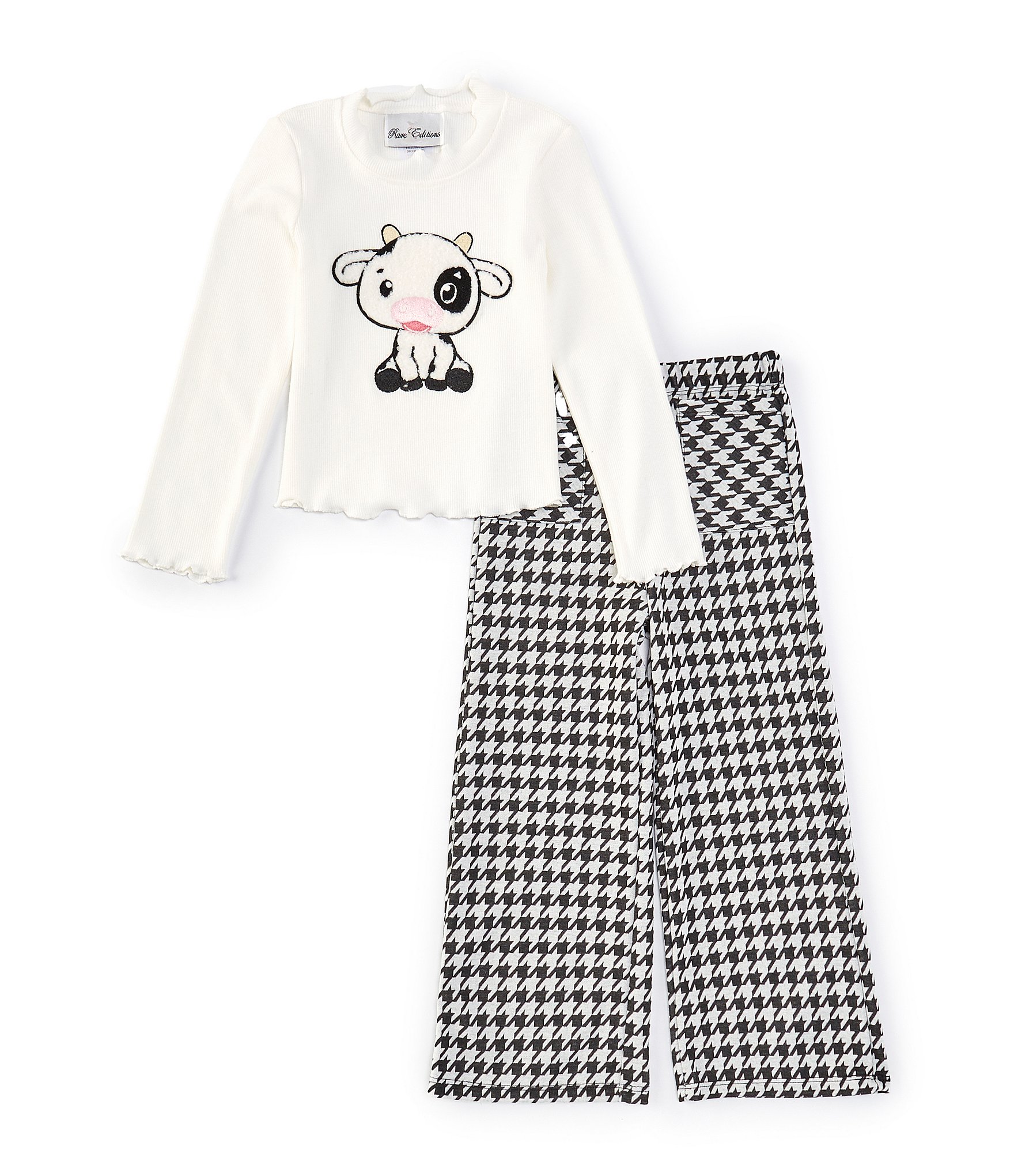 Rare Editions Little Girls 2T-4T Long-Sleeve Faux-Sherpa Cow-Applique Sweater-Knit Top & Houndstooth-Pattern Wide-Leg Pant Set