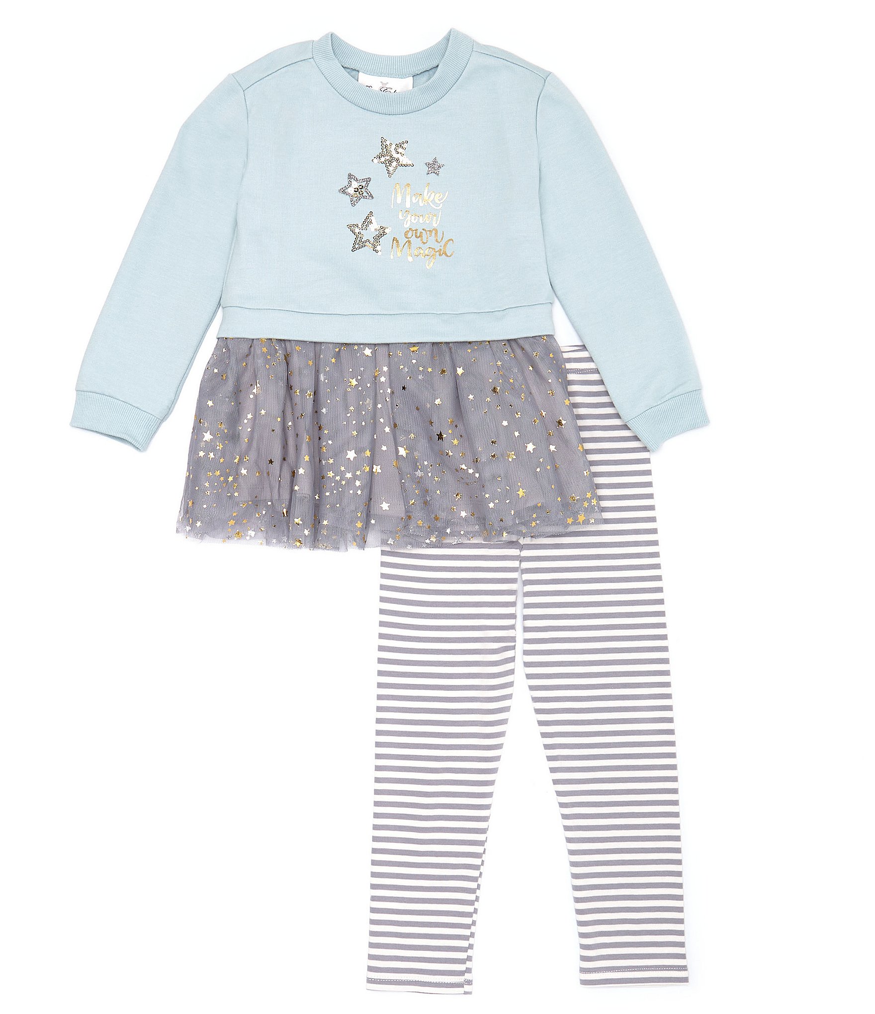 Rare Editions Little Girls 2T-4T Long Sleeve Magic Star French Terry/Mesh Tutu Sweatshirt & Striped Knit Leggings Set