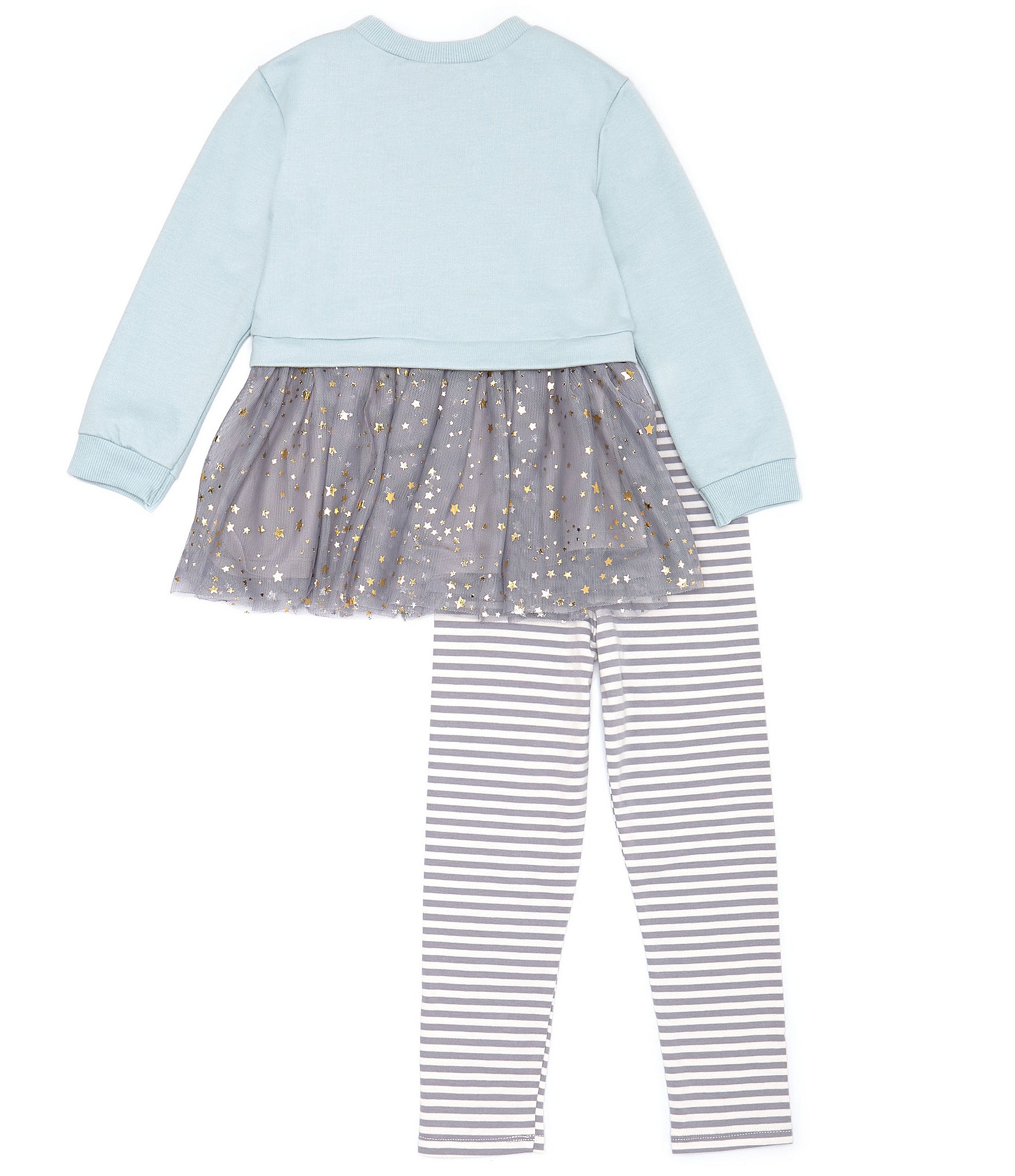 Rare Editions Little Girls 2T-4T Long Sleeve Magic Star French Terry/Mesh Tutu Sweatshirt & Striped Knit Leggings Set