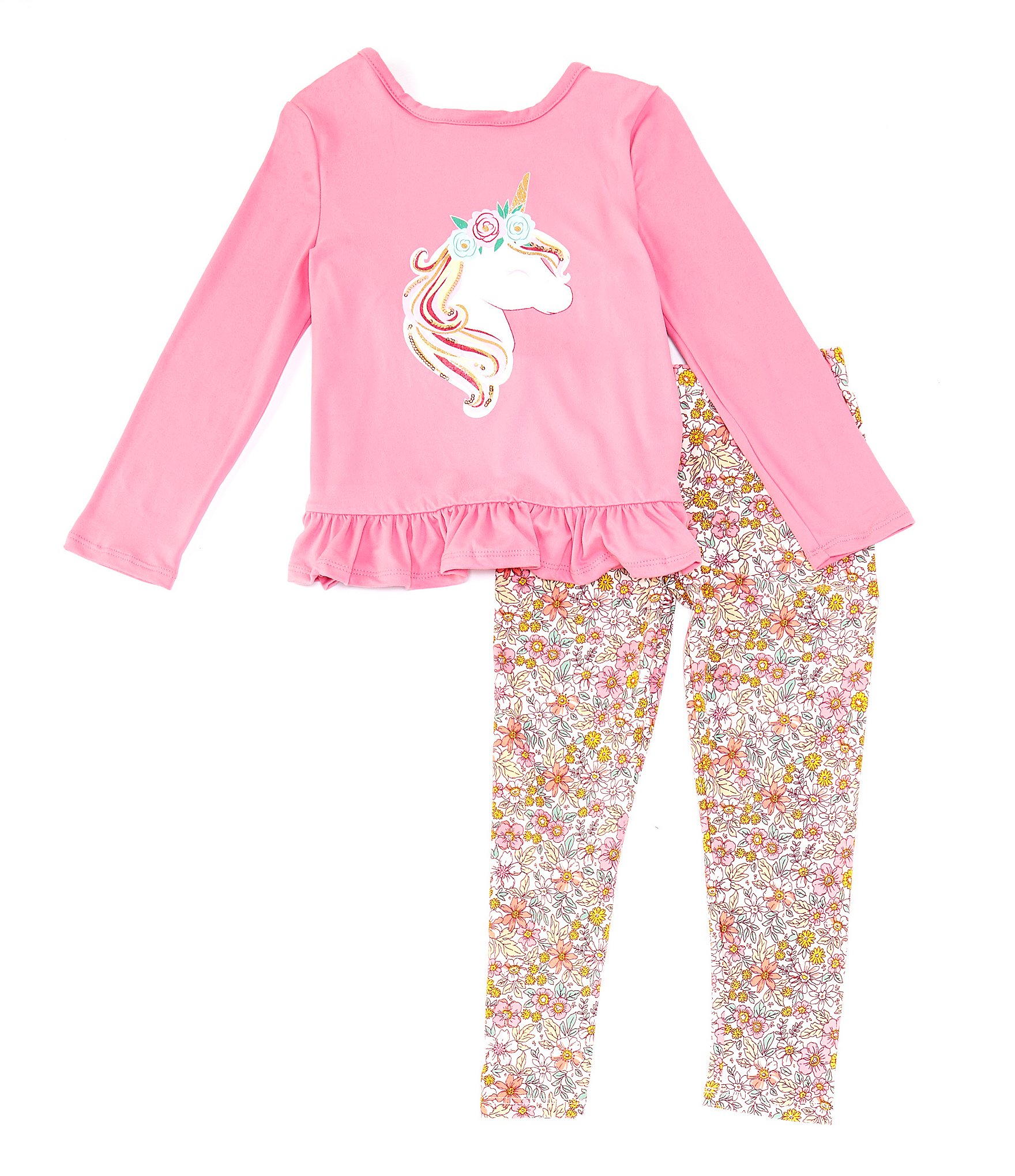 Rare Editions Little Girls 2T-4T Solid Long-Sleeve Unicorn-Face-Applique  Tunic Top & Floral-Printed Leggings Set