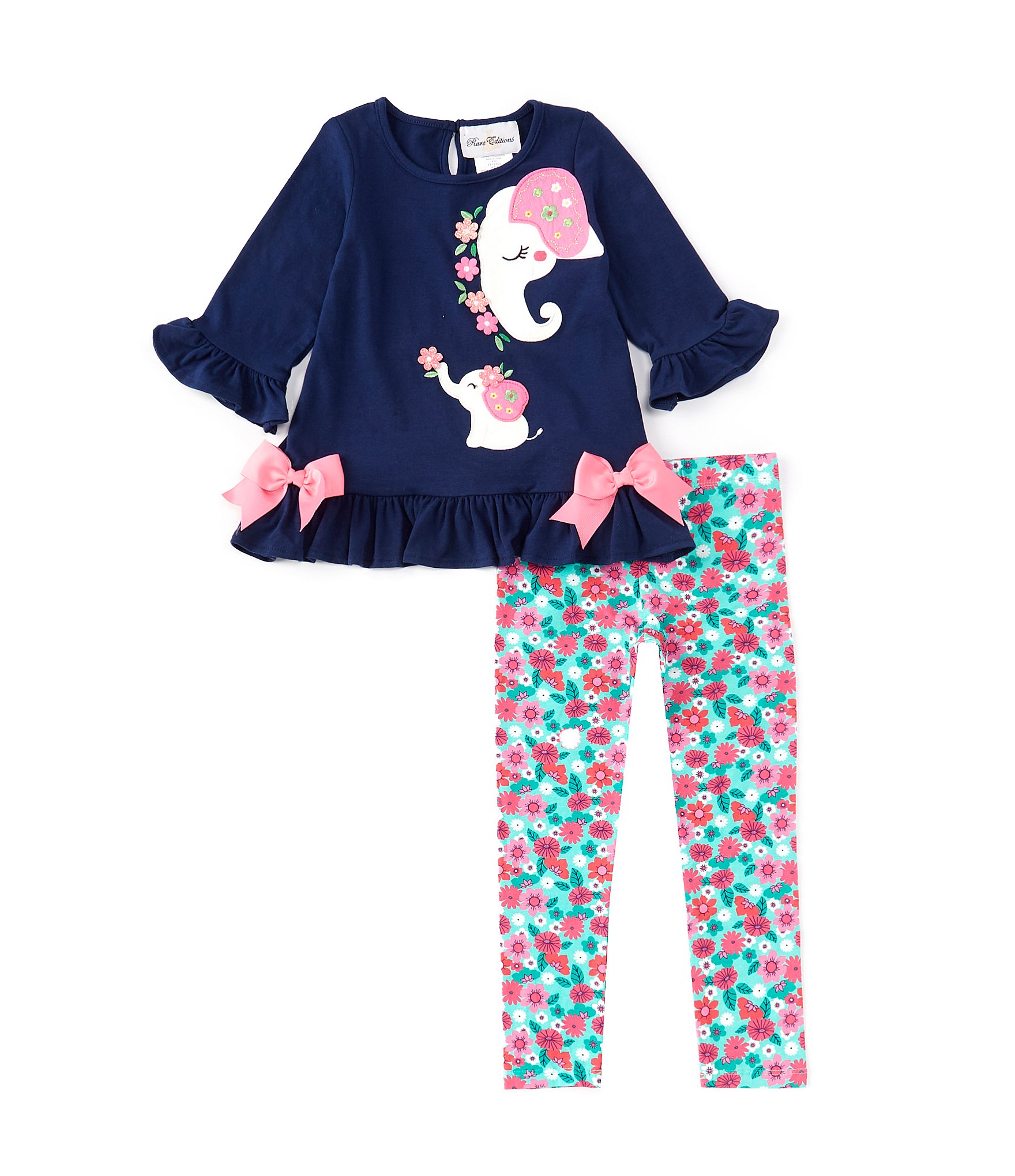 Rare Editions Little Girls 2T-6X 3/4-Sleeve Elephant-Applique Tunic Top & Floral Print Leggings Set