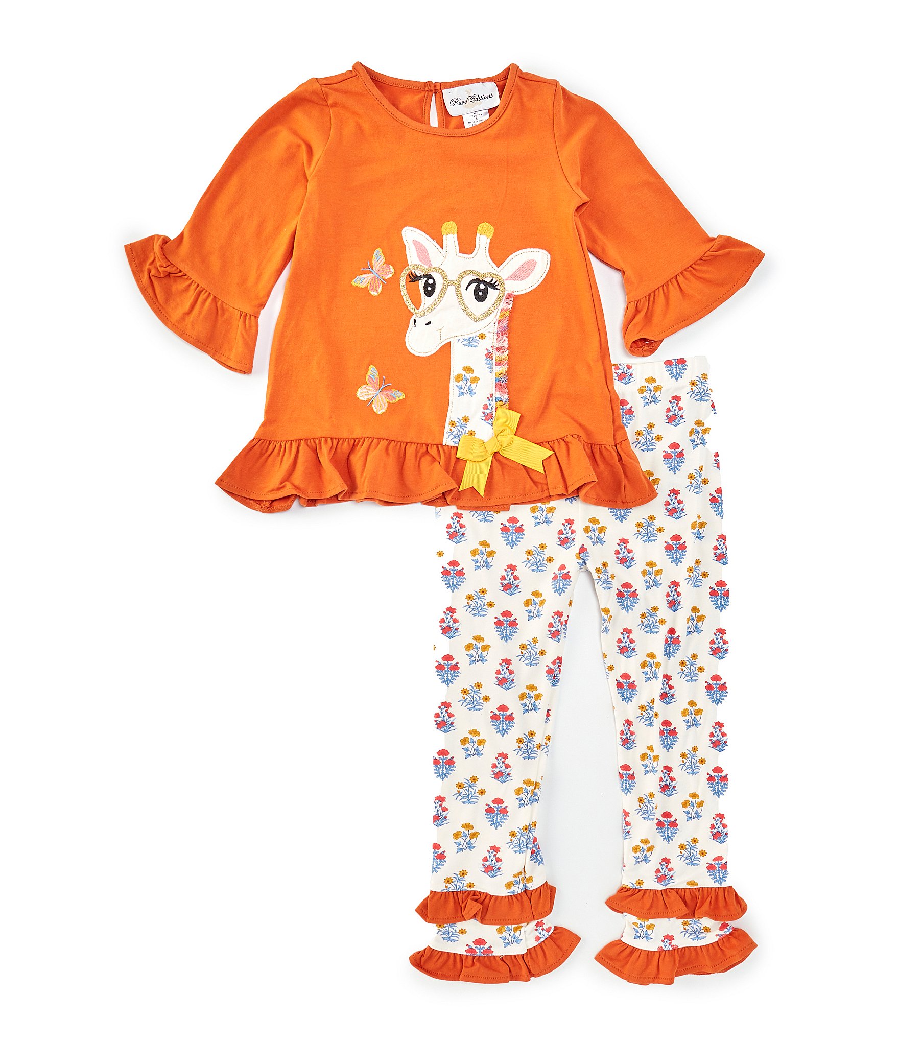 Rare Editions Little Girls 2T-6X Bell Sleeve Giraffe Face Applique Tunic & Ruffled-Hem Printed Leggings Set