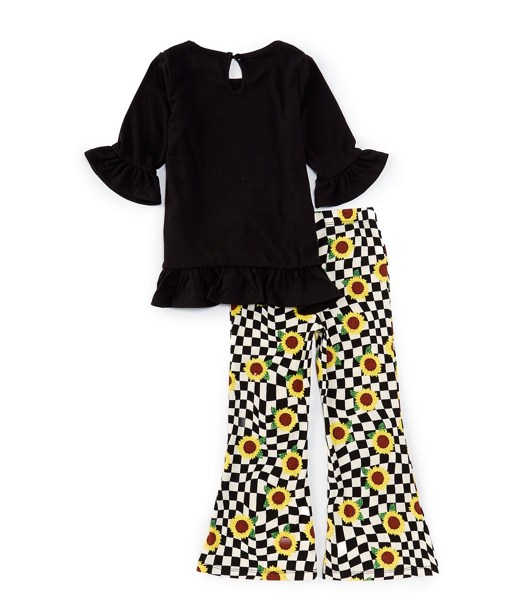 Rare Editions Little Girls 2T-6X Bell Sleeve Sunflower Applique Top & Sunflower/Checked Flare Leg Leggings Set