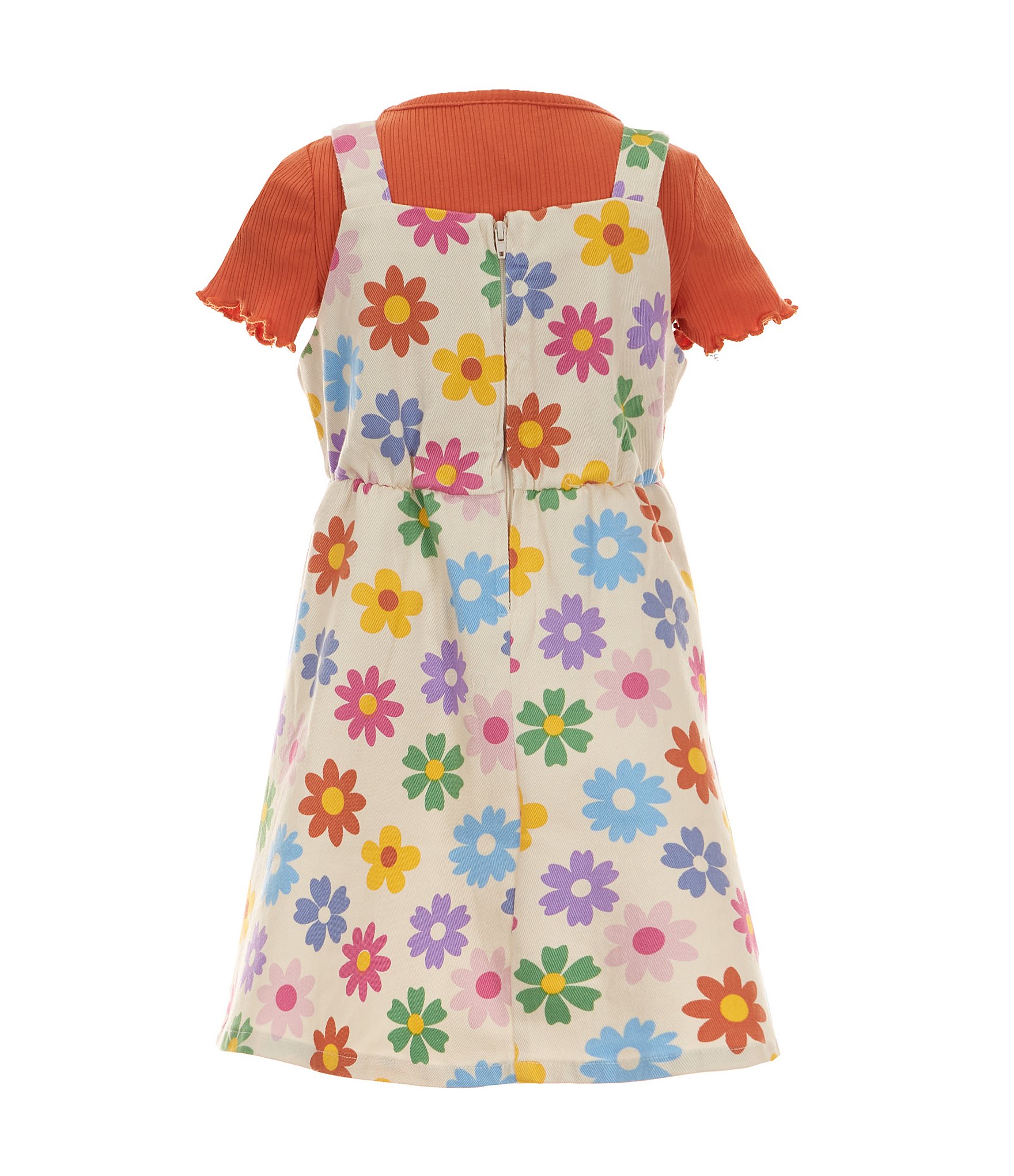 Rare Editions Little Girls 2T-6X Floral Print Twill Jumper Dress & Solid Short Sleeve Rib-Knit T-Shirt Set