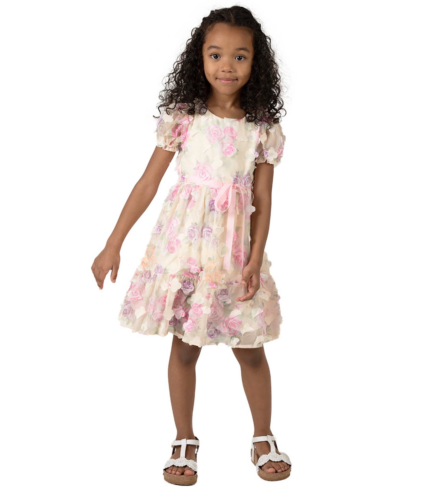 Rare Editions Little Girls 2T-6X Floral-Printed/Three-Dimensional-Flower-Appliqued Fit-And-Flare Dress