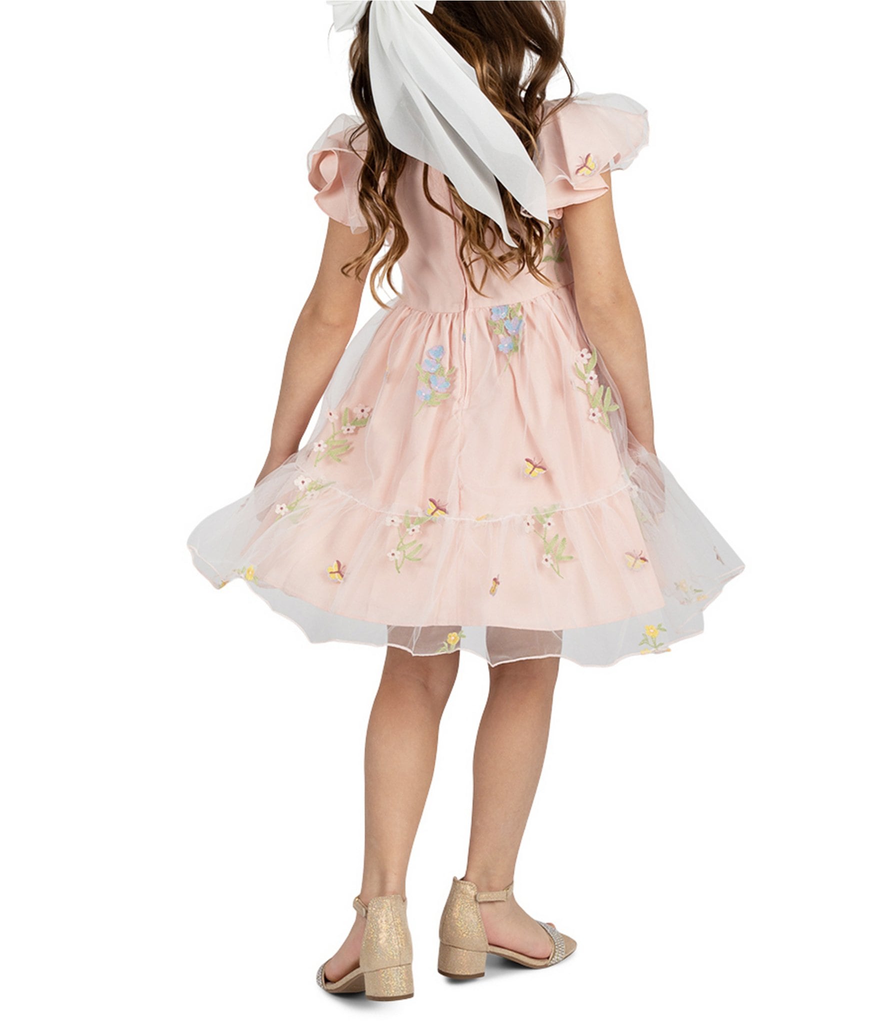 Rare Editions Little Girls 2T-6X Flutter Sleeve Botanical-Embroidered Mesh Fit & Flare Dress