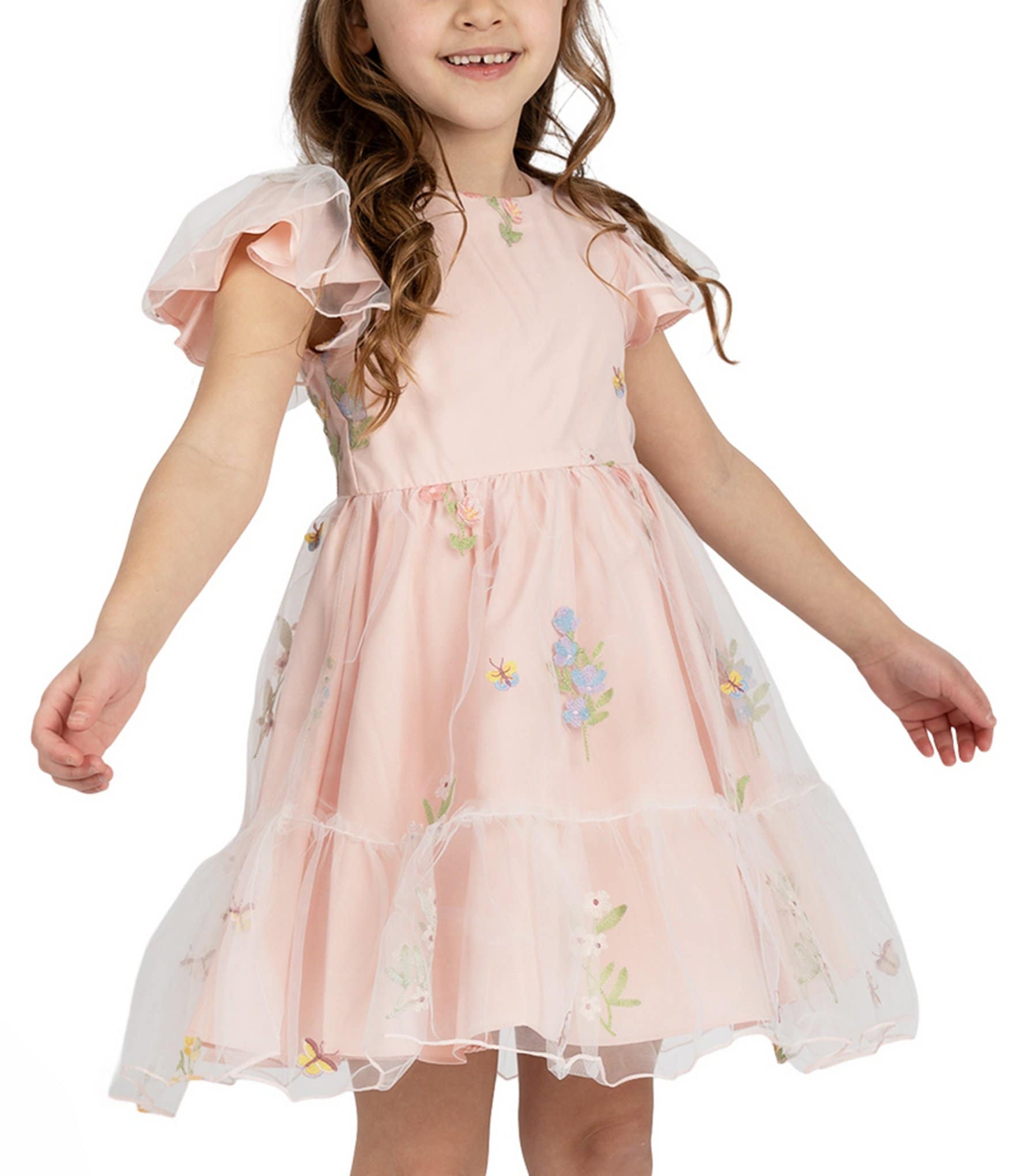 Rare Editions Little Girls 2T-6X Flutter Sleeve Botanical-Embroidered Mesh Fit & Flare Dress